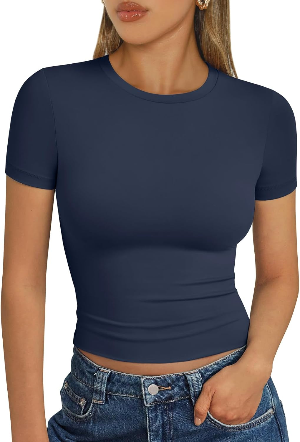 Womens Short Sleeve T Shirts - Buttery Soft Summer Crop Tops Slim Fit Y2K Basic Tees for Workout