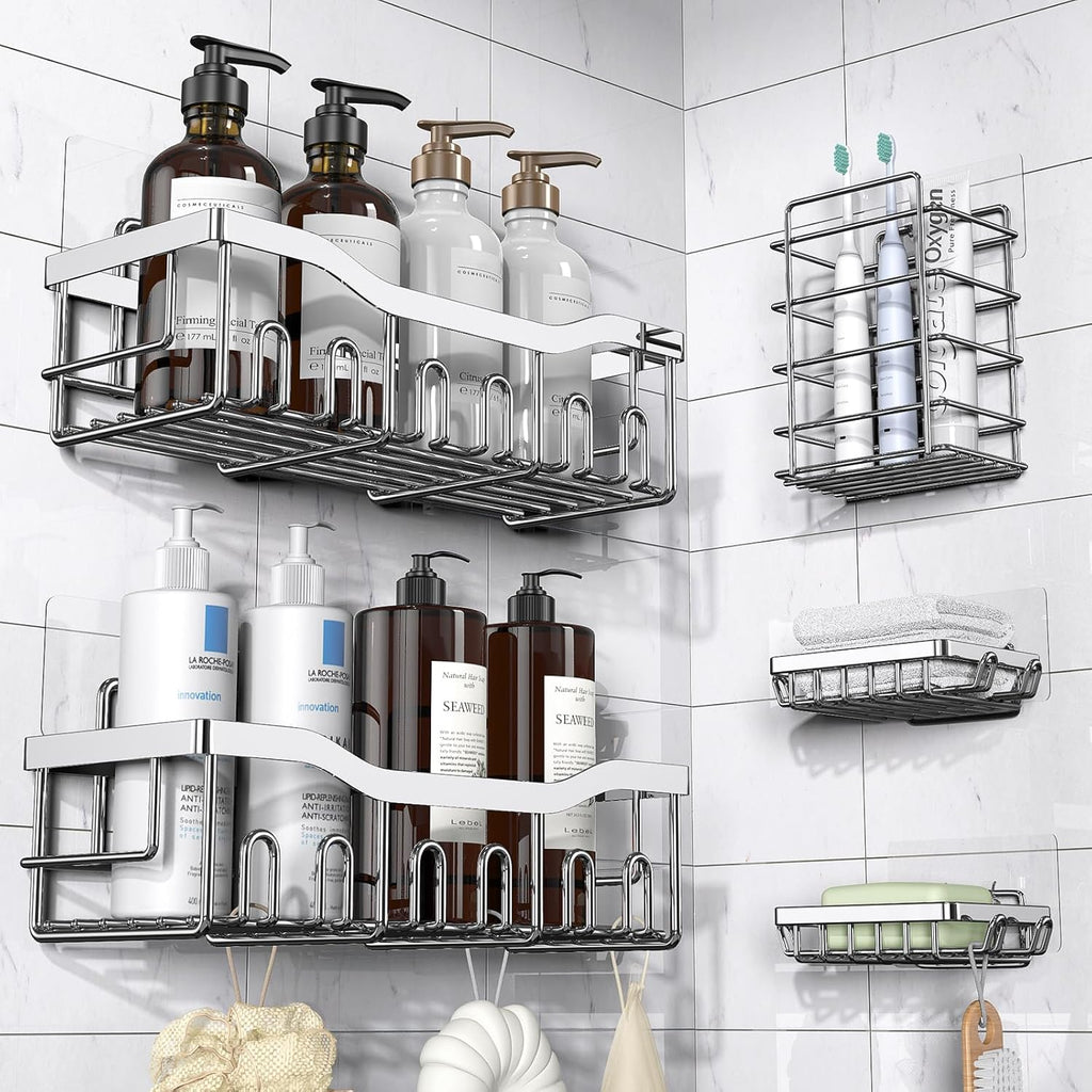 Adhesive Shower Caddy, 5 Pack Rustproof Stainless Steel Bath Organizers with Large Capacity, No Drilling Shelves for Bathroom Storage & Home Decor