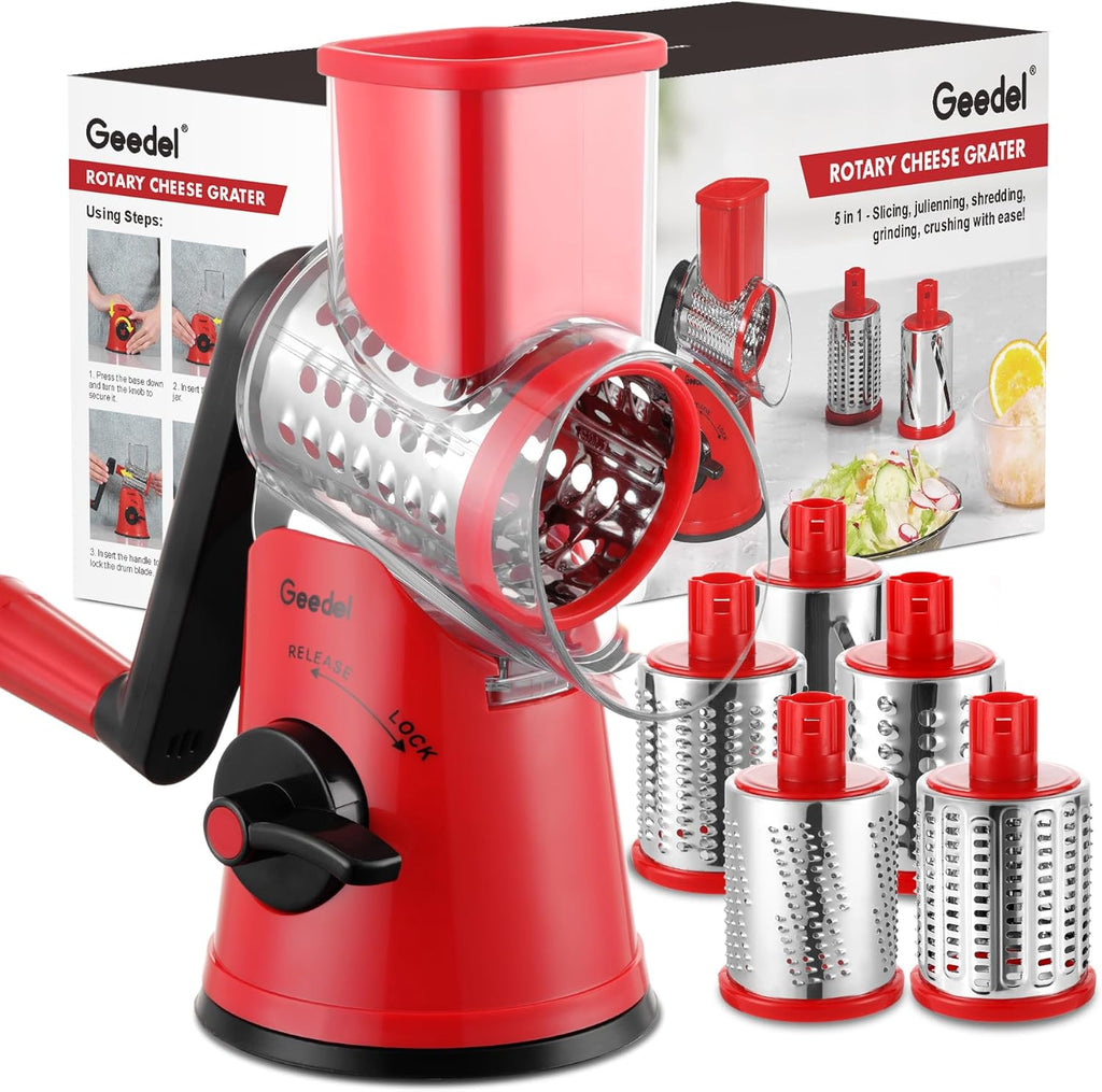 Rotary Cheese Grater, Kitchen Mandoline Vegetable Slicer with 3 Interchangeable Blades, Easy to Clean Rotary Grater Slicer for Fruit, Vegetables, Nuts