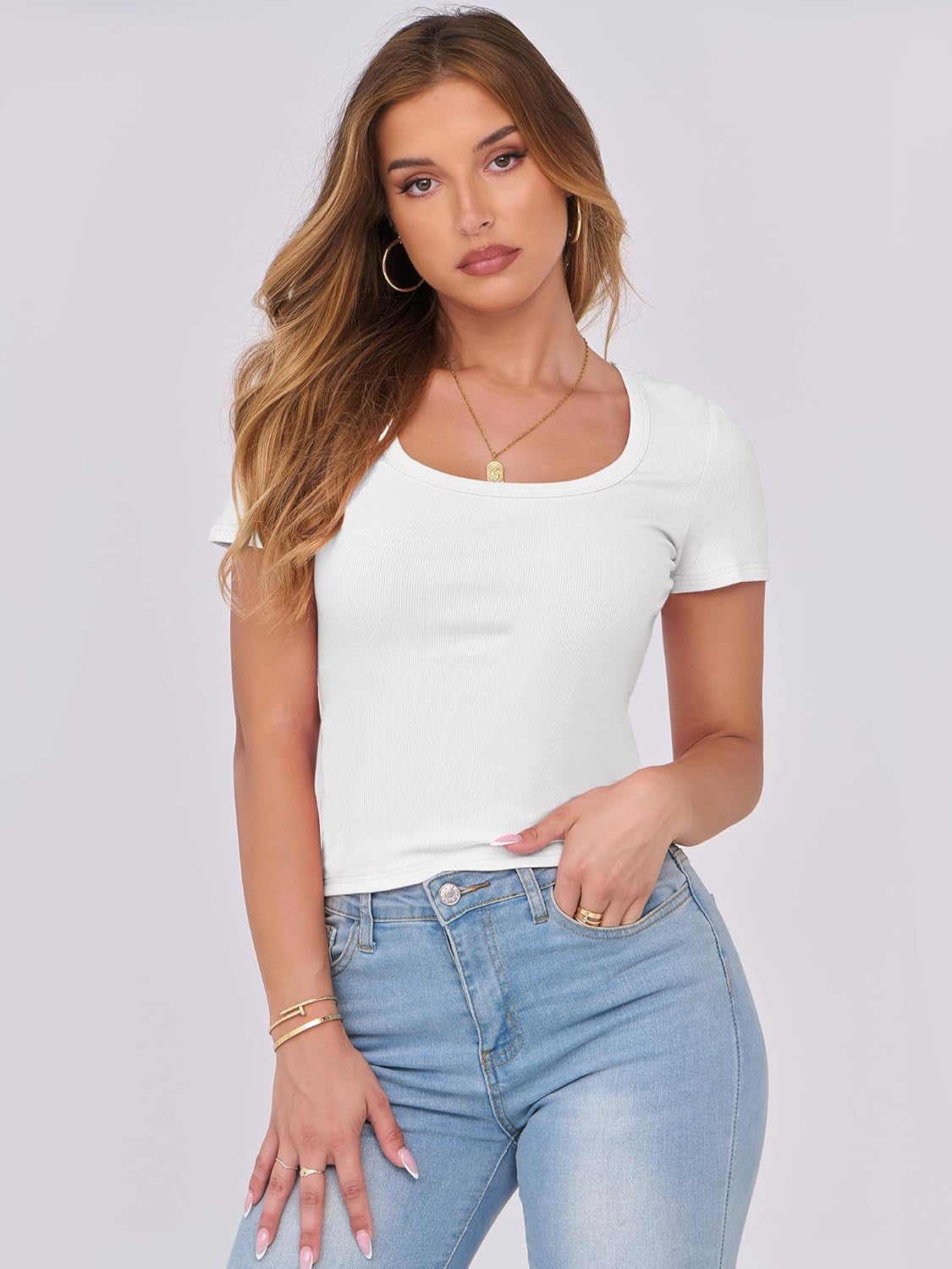 Women Short Sleeve Tops Scoop Neck Ribbed Knit Slim Fitted Basic Tee Shirt Casual Summer Clothes 2026 Spring Outfits
