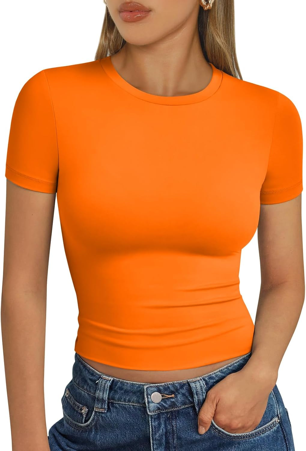 Womens Short Sleeve T Shirts - Buttery Soft Summer Crop Tops Slim Fit Y2K Basic Tees for Workout