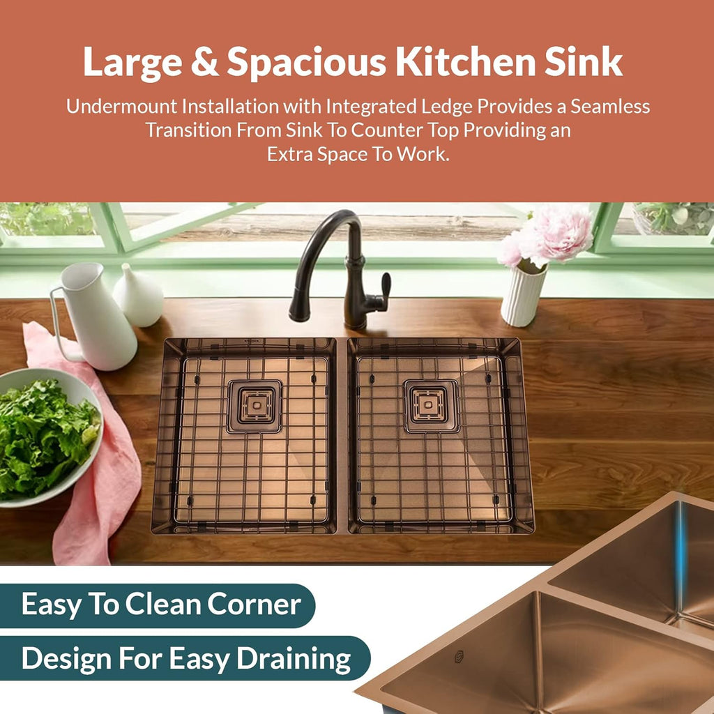 32 Inch Undermount Kitchen Sink - 16 Guage 50/50 Double Bowl Kitchen Sink - Stain & Rust Resistant Copper Kitchen Sink with Bottom Grid, 1 Disposal Adapter & 2 Strainer Drains