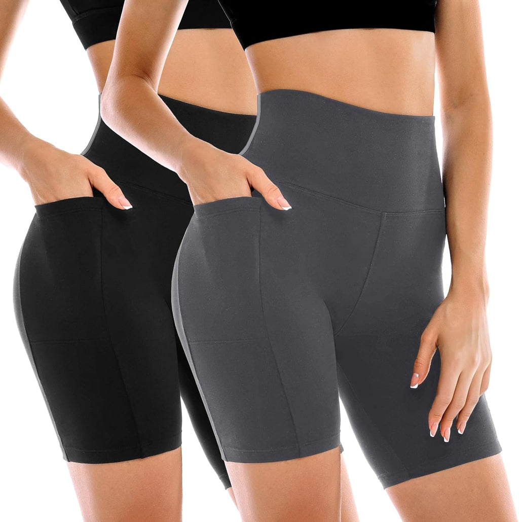 2 Pack Womens Biker Shorts with Pockets, High Waisted Yoga Shorts for Women Running Gym and Workout