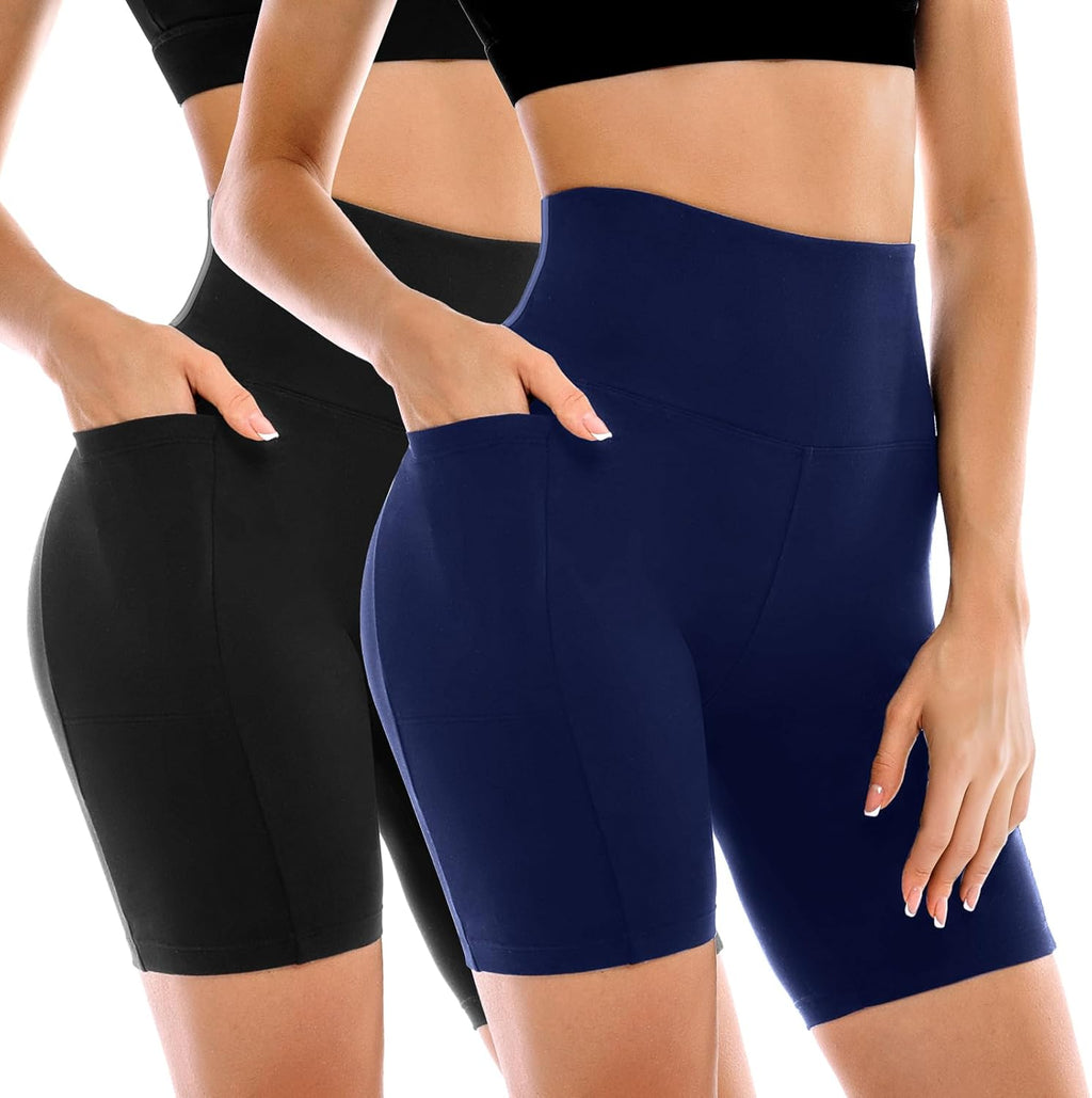 2 Pack Womens Biker Shorts with Pockets, High Waisted Yoga Shorts for Women Running Gym and Workout
