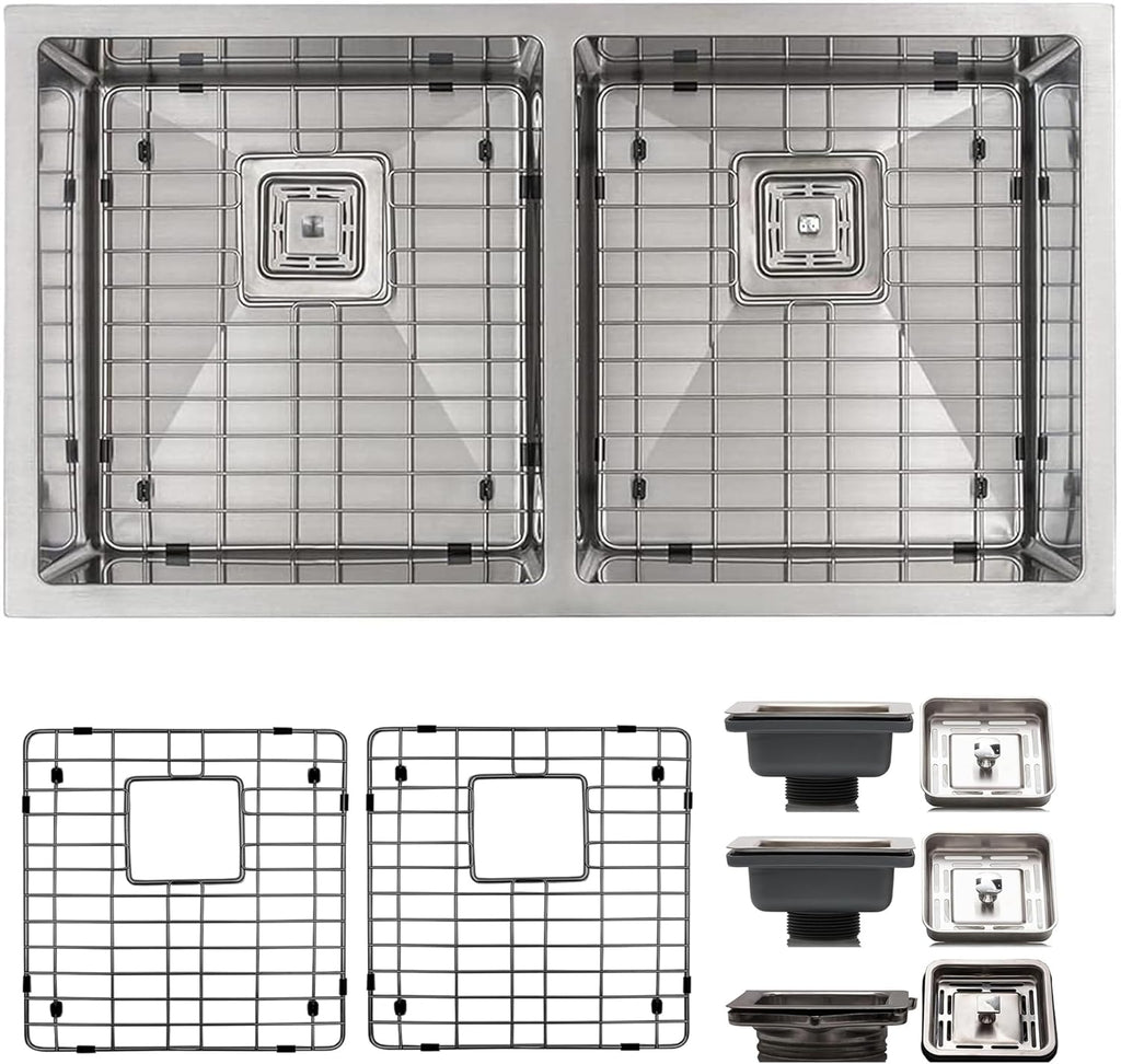 32 Inch Undermount Kitchen Sink - 16 Guage 50/50 Double Bowl Kitchen Sink - Stain & Rust Resistant Copper Kitchen Sink with Bottom Grid, 1 Disposal Adapter & 2 Strainer Drains