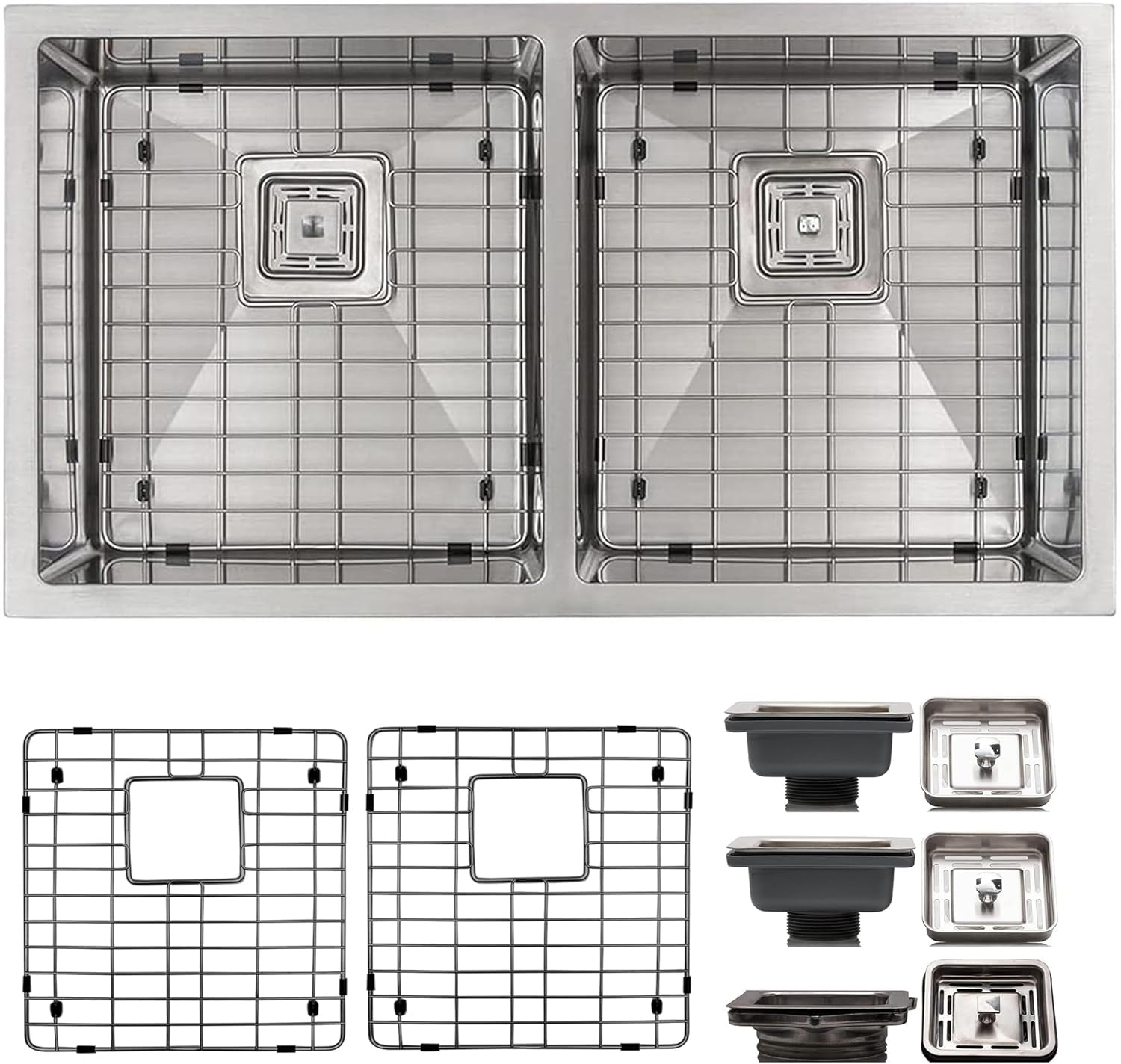 32 Inch Undermount Kitchen Sink - 16 Guage 50/50 Double Bowl Kitchen Sink - Stain & Rust Resistant Copper Kitchen Sink with Bottom Grid, 1 Disposal Adapter & 2 Strainer Drains