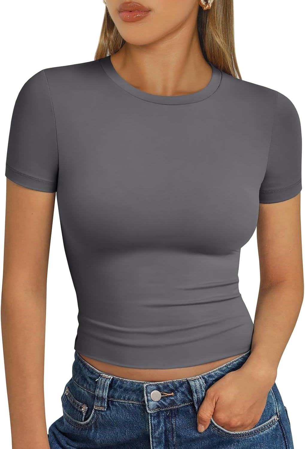 Womens Short Sleeve T Shirts - Buttery Soft Summer Crop Tops Slim Fit Y2K Basic Tees for Workout