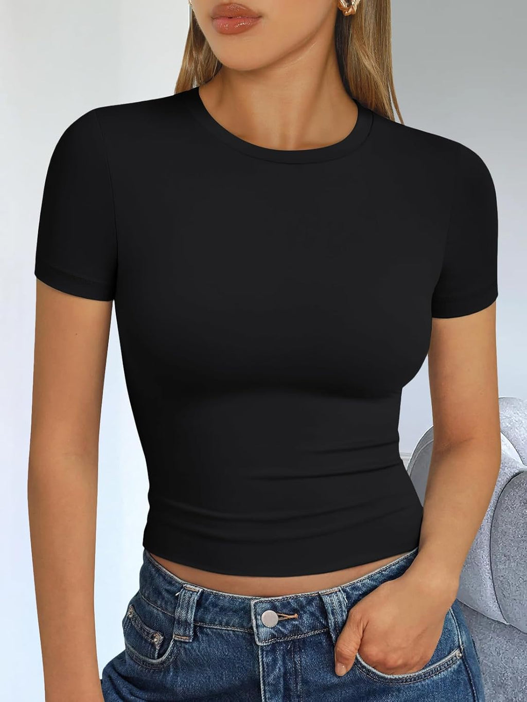 Womens Short Sleeve T Shirts - Buttery Soft Summer Crop Tops Slim Fit Y2K Basic Tees for Workout