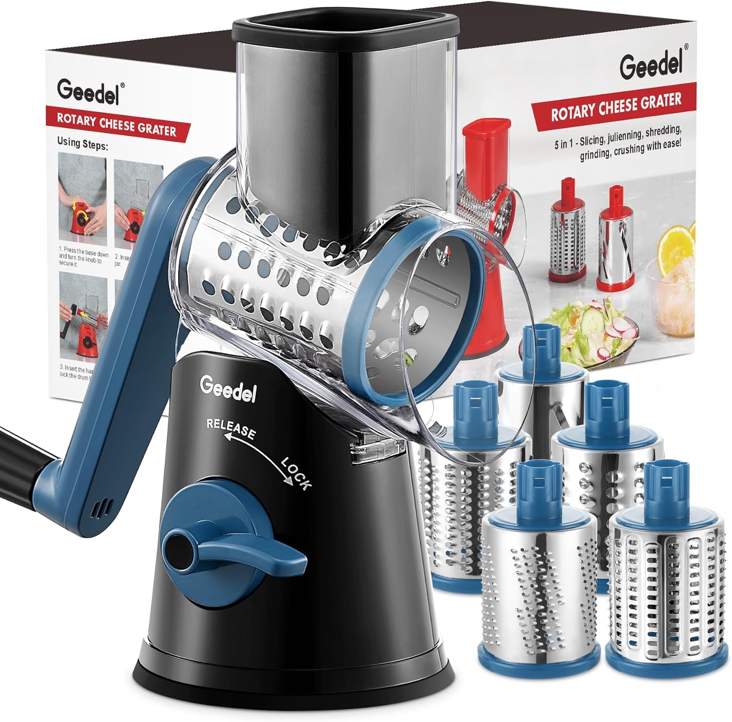 Rotary Cheese Grater, Kitchen Mandoline Vegetable Slicer with 3 Interchangeable Blades, Easy to Clean Rotary Grater Slicer for Fruit, Vegetables, Nuts