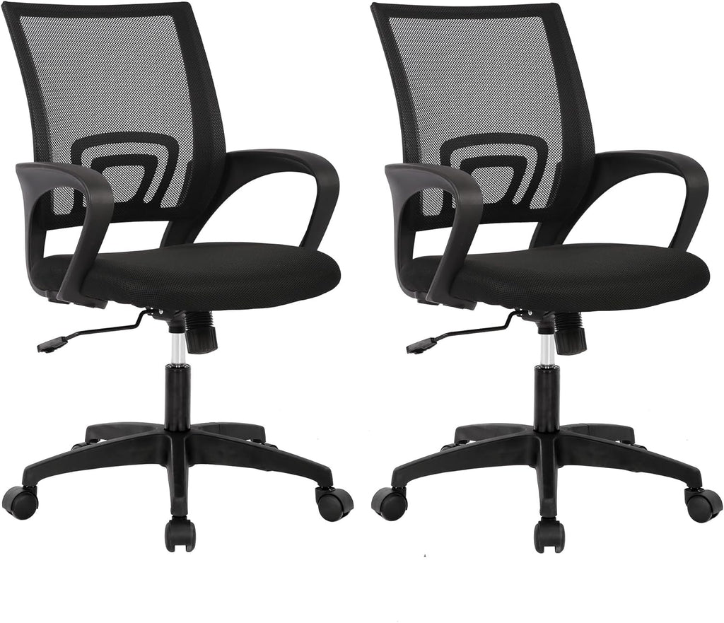 | Ergonomic Office Chair | Mid-Back Swivel Desk Chair | Breathable Backrest & Lumbar Support | Adjustable Height | Sponge Seat | Rolling Wheels | Dark Black | for Adults & Women