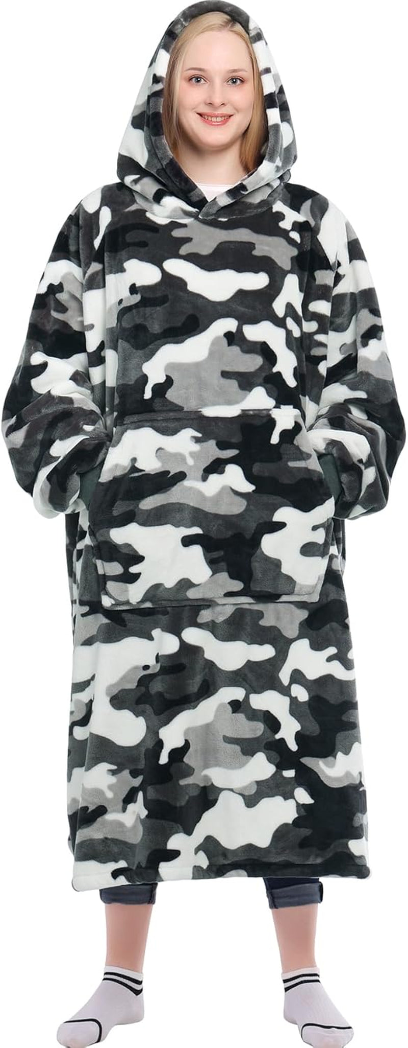 Wearable Blanket Sweatshirt Gifts for Women and Men, Warm and Cozy Giant Blanket Hoodie, Thick Flannel Blanket with Sleeves and Giant Pocket - Dark Gray