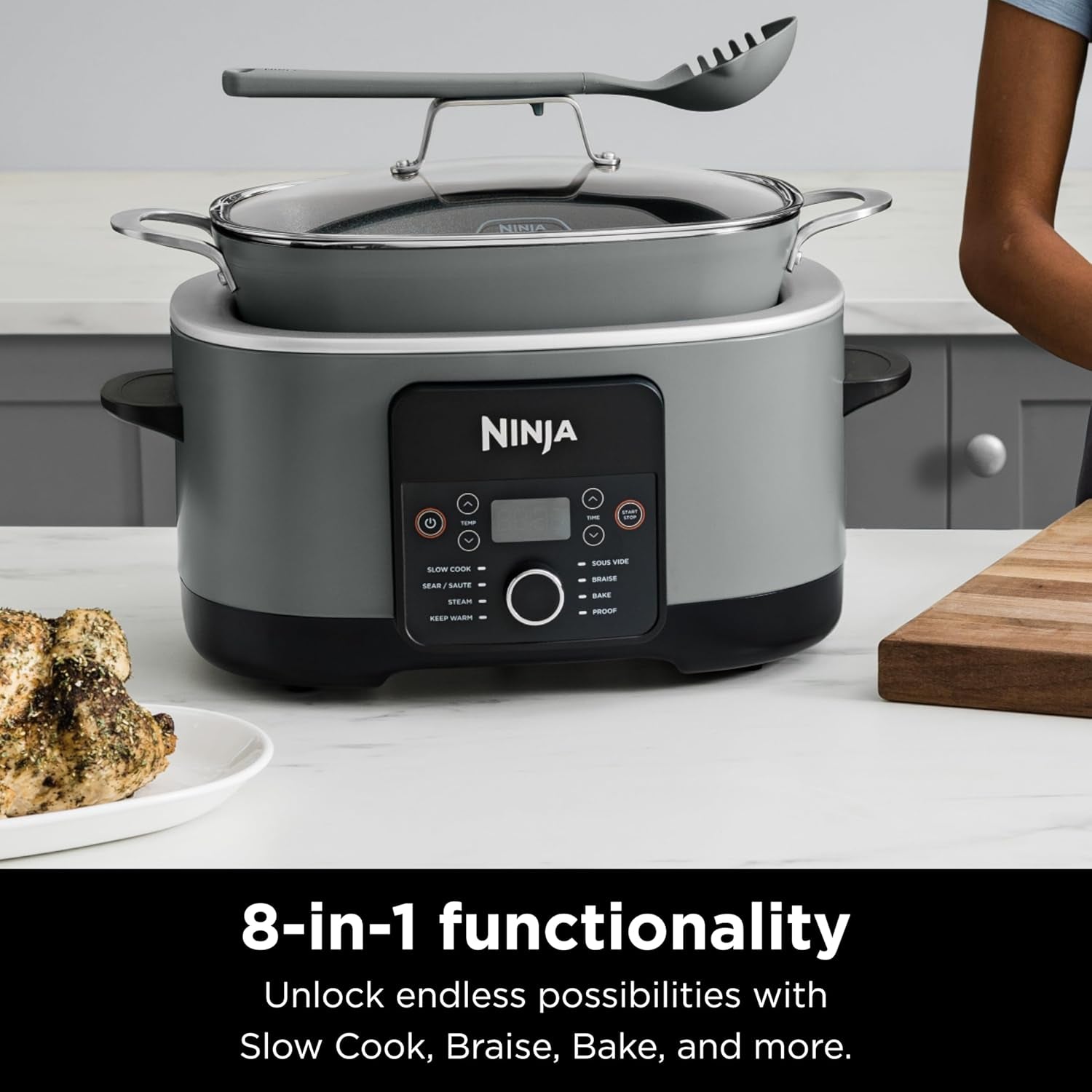 MC1001 Foodi Possiblecooker PRO 8.5 Quart Multi-Cooker, with 8-In-1 Slow Cooker, Dutch Oven, Steamer, Glass Lid Integrated Spoon, Nonstick, Oven Safe Pot to 500°F, Sea Salt Gray