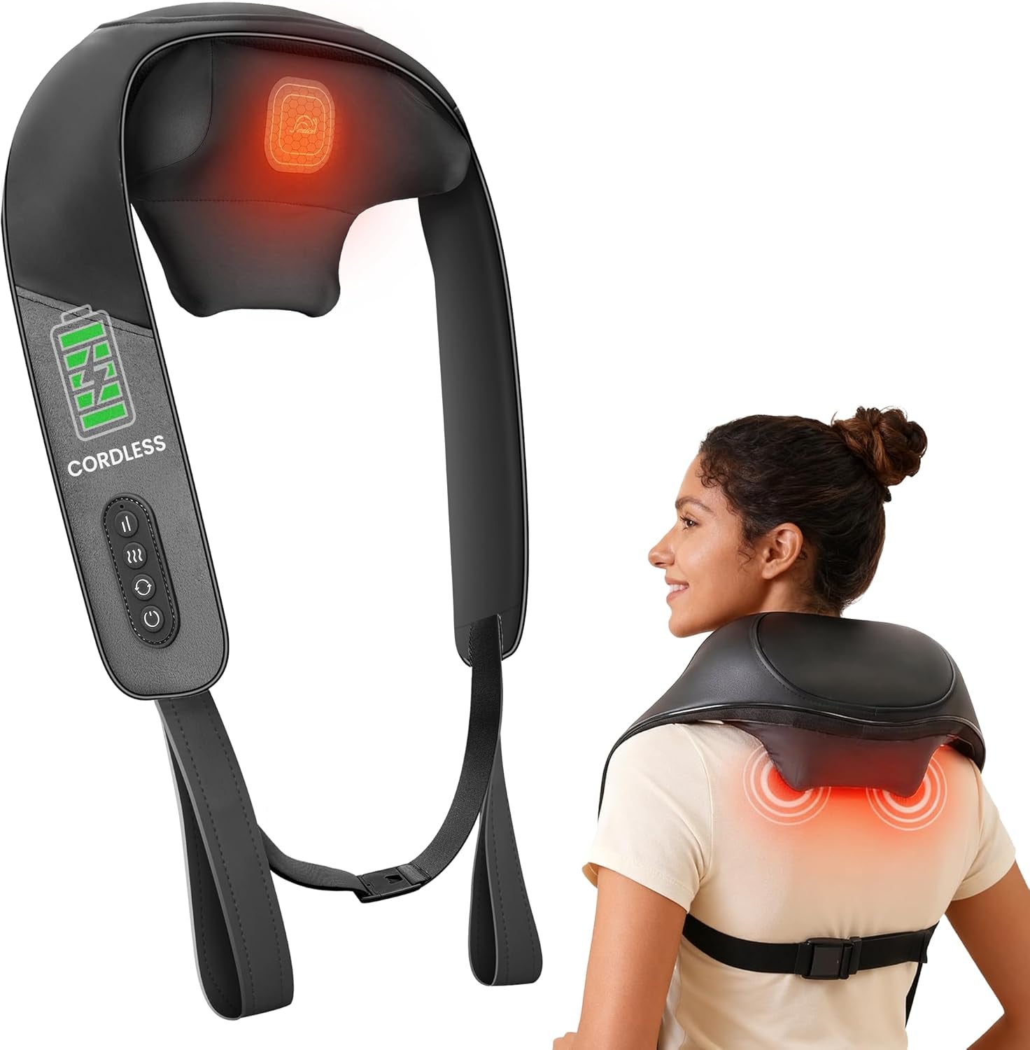 Shiatsu Neck Massager for Pain Relief Deep Tissue Cordless Kneading Shoulder Massage with Heat Graphene Heating Rechargable, 4D Roller Neck Back Massage, Gift for Mom Dad