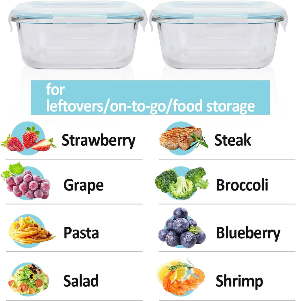 Glass Food Storage Containers with Lids Airtight 4 Pack, Glass Storage Containers with Lids for Food, Not Easy Broken & Leak Proof, Glass Containers with Lids for Oven/Dishwasher Safe, Blue