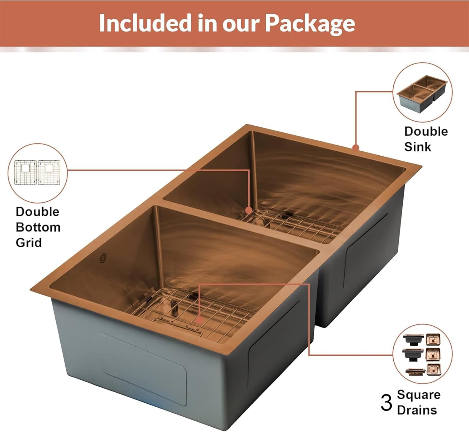 32 Inch Undermount Kitchen Sink - 16 Guage 50/50 Double Bowl Kitchen Sink - Stain & Rust Resistant Copper Kitchen Sink with Bottom Grid, 1 Disposal Adapter & 2 Strainer Drains