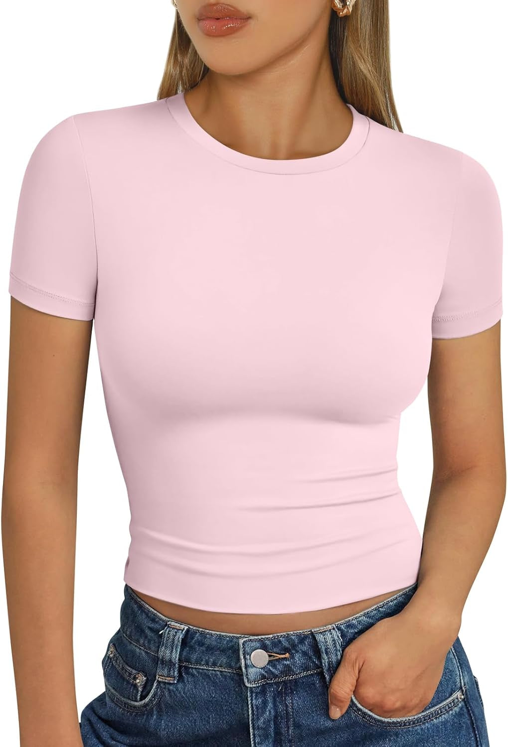 Womens Short Sleeve T Shirts - Buttery Soft Summer Crop Tops Slim Fit Y2K Basic Tees for Workout