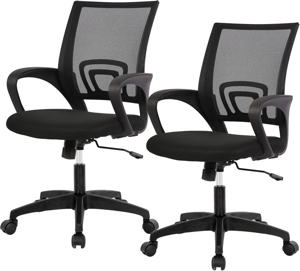 | Ergonomic Office Chair | Mid-Back Swivel Desk Chair | Breathable Backrest & Lumbar Support | Adjustable Height | Sponge Seat | Rolling Wheels | Dark Black | for Adults & Women