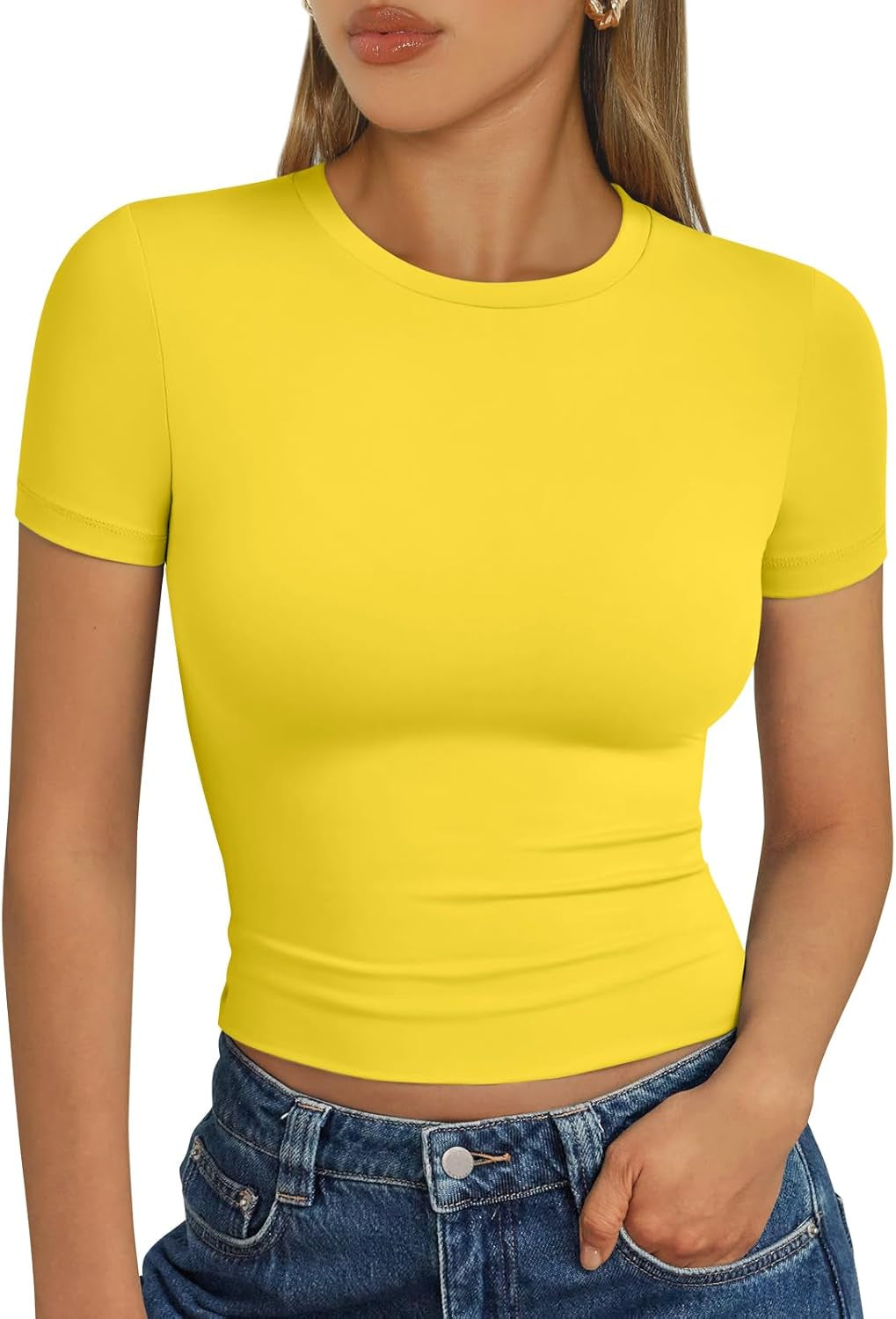 Womens Short Sleeve T Shirts - Buttery Soft Summer Crop Tops Slim Fit Y2K Basic Tees for Workout