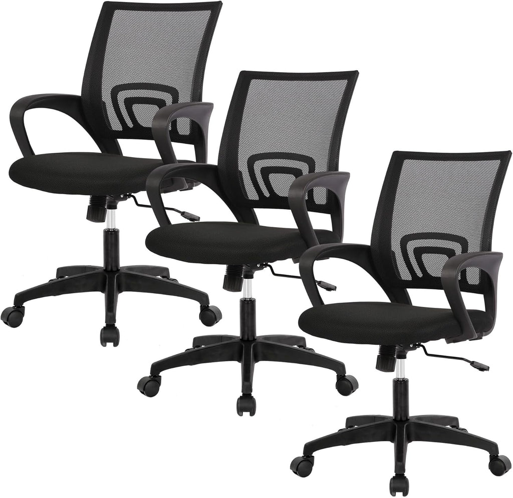 | Ergonomic Office Chair | Mid-Back Swivel Desk Chair | Breathable Backrest & Lumbar Support | Adjustable Height | Sponge Seat | Rolling Wheels | Dark Black | for Adults & Women