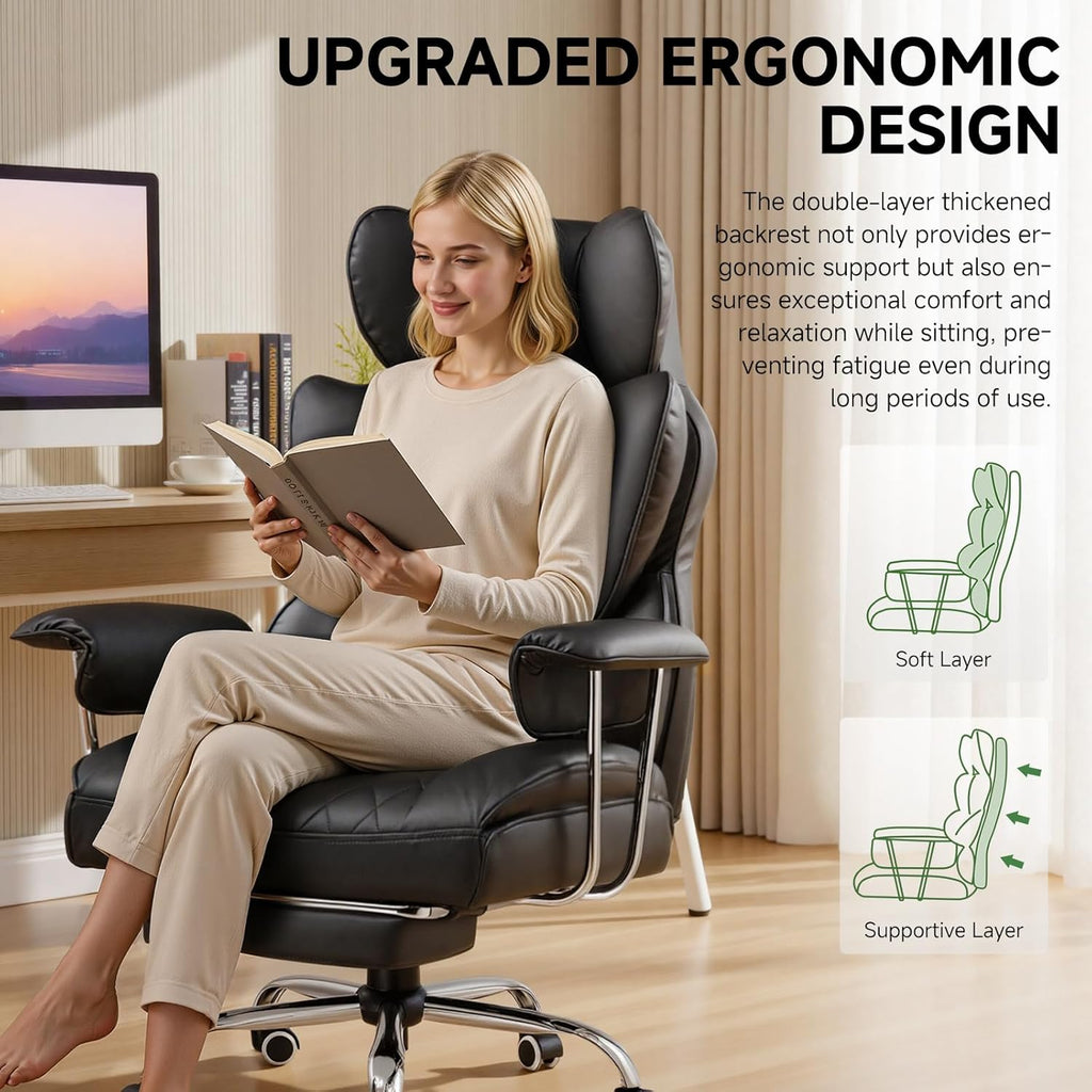 Big and Tall Office Chair, High Back Leather Gaming Chair with Footrest, Executive Ergonomic Office Chair with Pocket Spring Lumbar Support and with Outward Fixed Soft Armrests