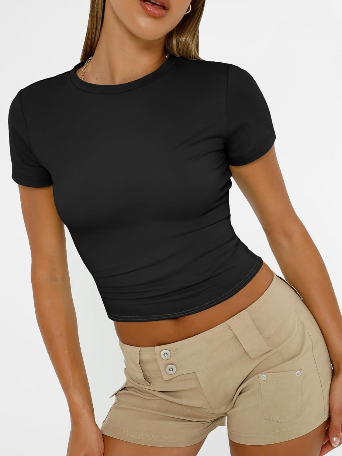 Womens Short Sleeve T Shirts - Buttery Soft Summer Crop Tops Slim Fit Y2K Basic Tees for Workout
