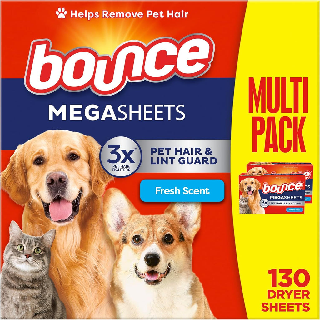 Pet Hair and Lint Guard Mega Dryer Sheets with 3X Pet Hair Fighters, Fresh Scent, 180 Count