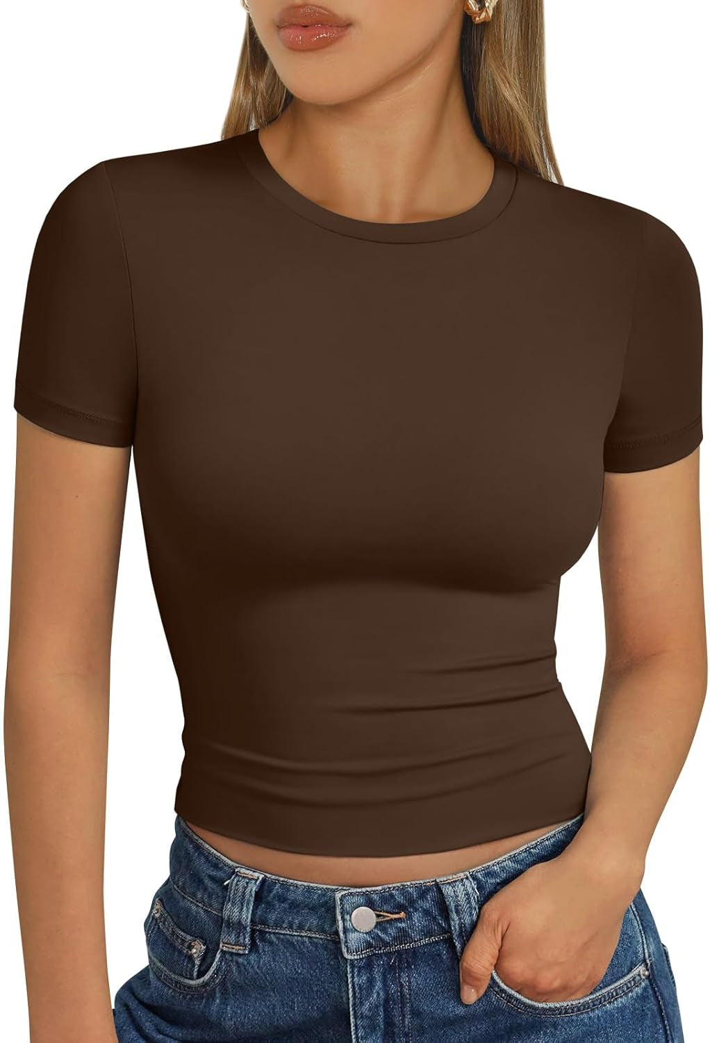 Womens Short Sleeve T Shirts - Buttery Soft Summer Crop Tops Slim Fit Y2K Basic Tees for Workout