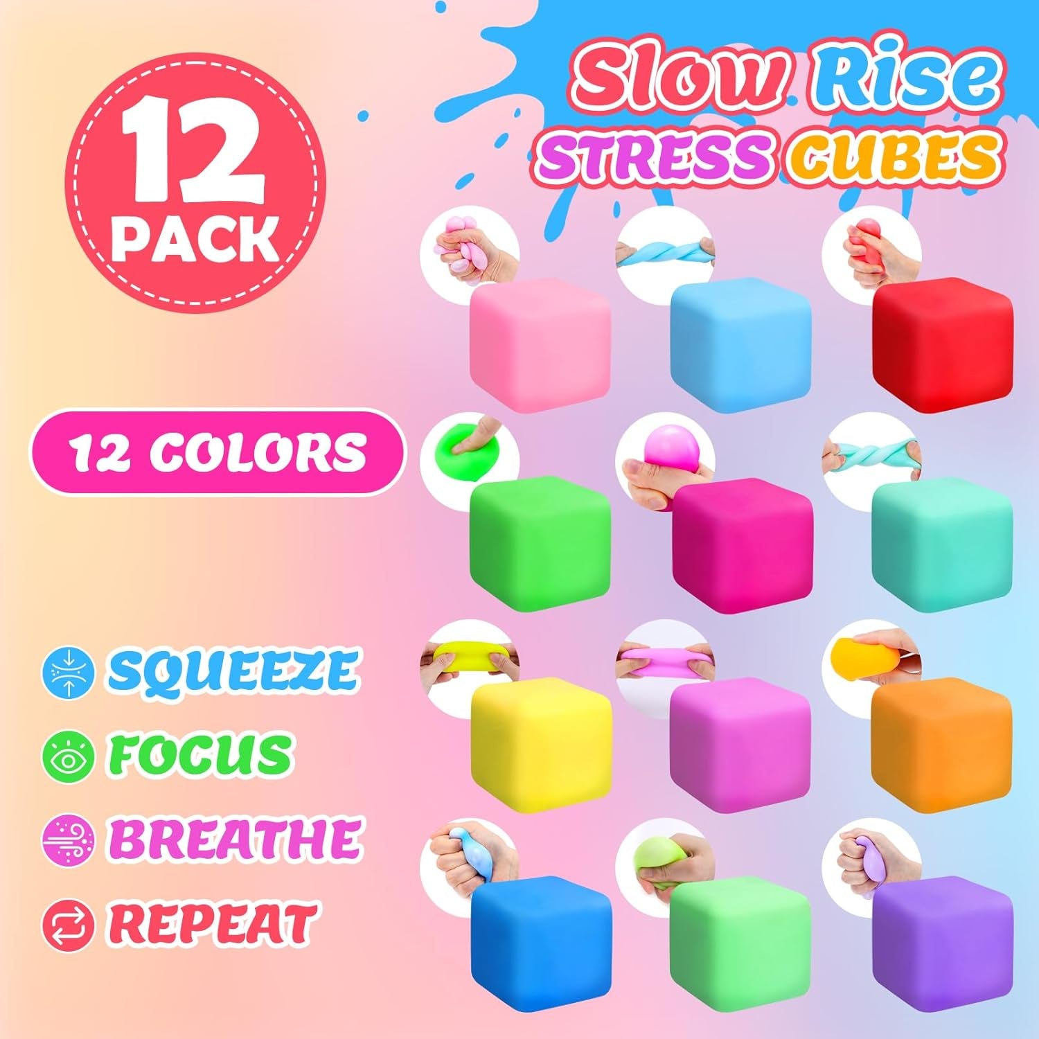 12 Pack Slow Rising Stress Cube, Dough Stress Balls Squishy Fidget Toys for Anxiety Relief, Soft Fidget Cube, Pull Stretch Squishy Toys for Classroom Prize, Party Favors for Kids Adults