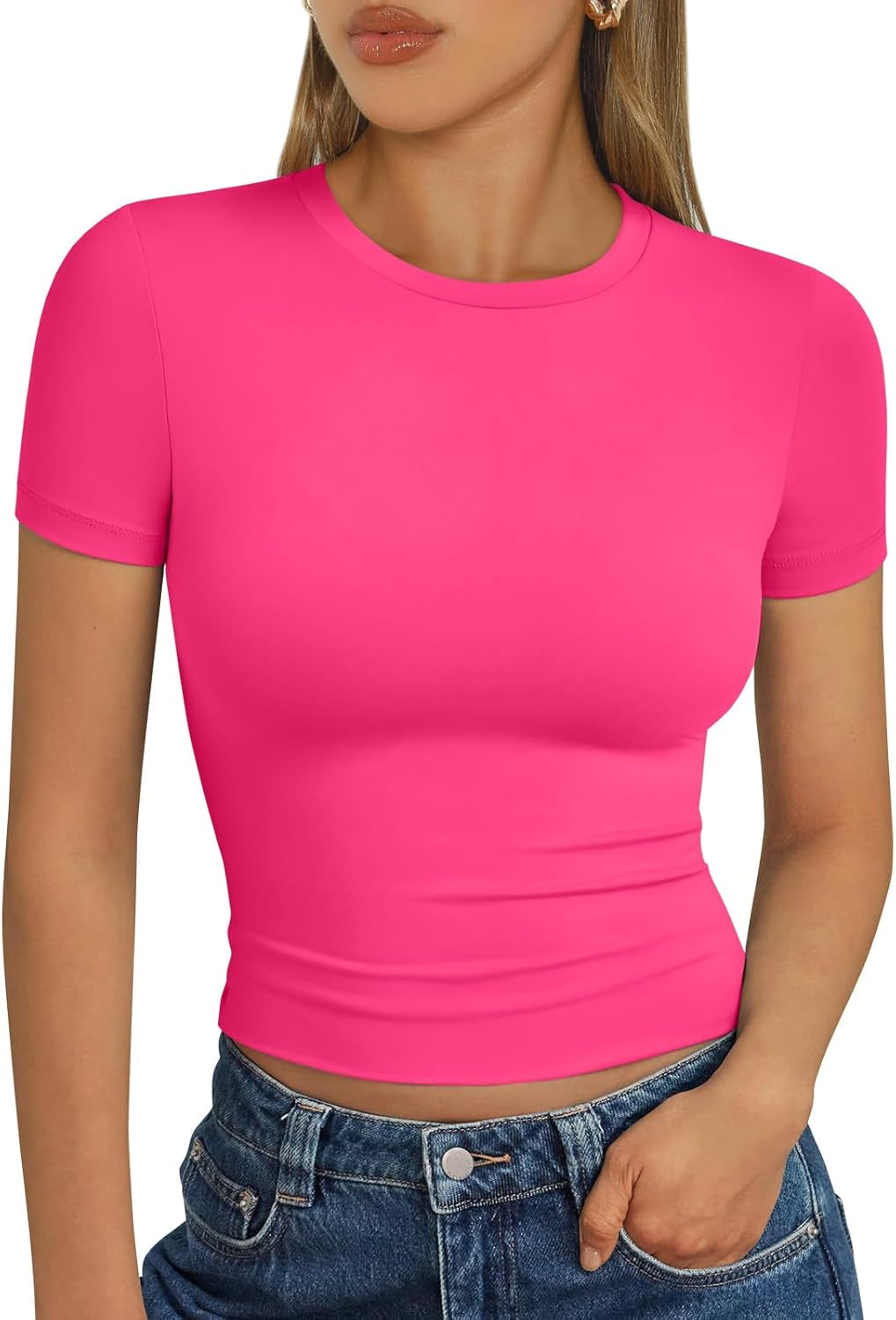 Womens Short Sleeve T Shirts - Buttery Soft Summer Crop Tops Slim Fit Y2K Basic Tees for Workout