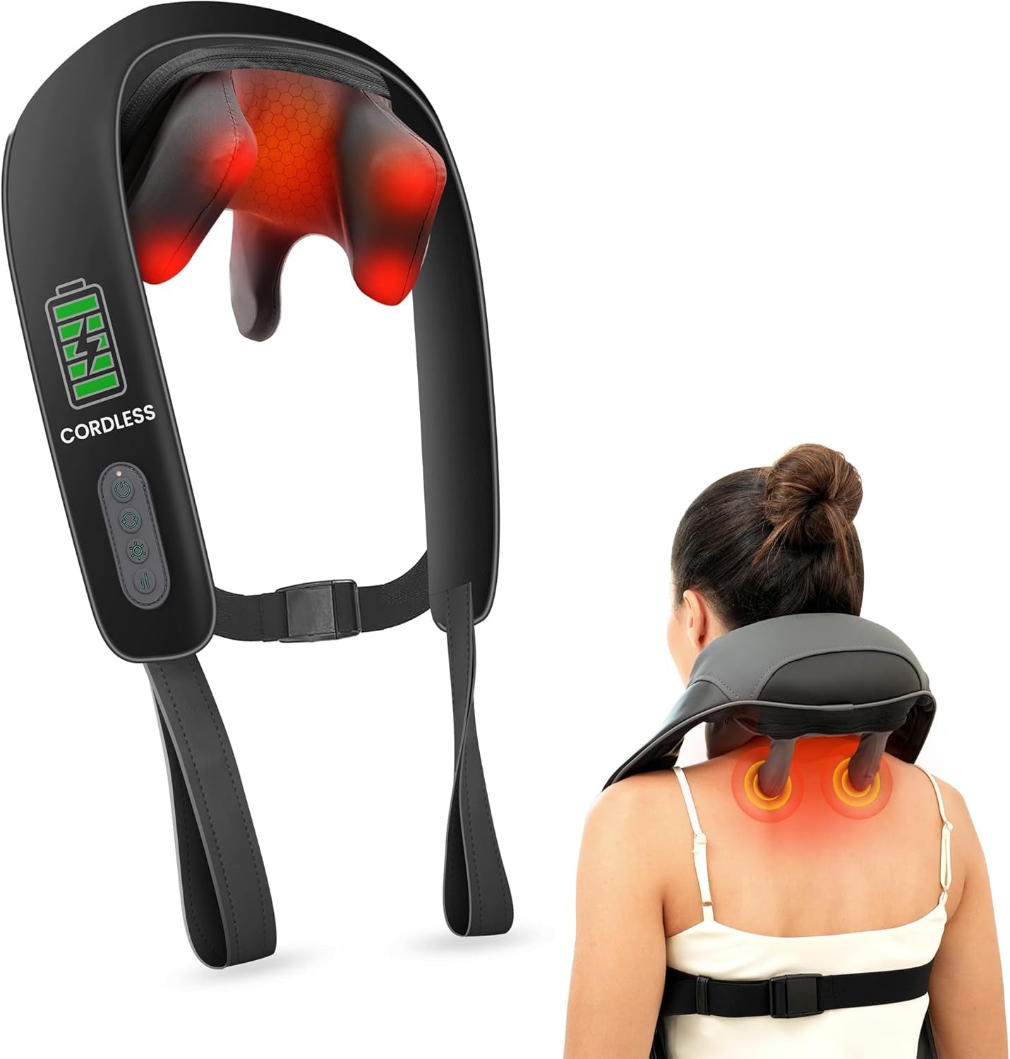 Shiatsu Neck Massager for Pain Relief Deep Tissue Cordless Kneading Shoulder Massage with Heat Graphene Heating Rechargable, 4D Roller Neck Back Massage, Gift for Mom Dad