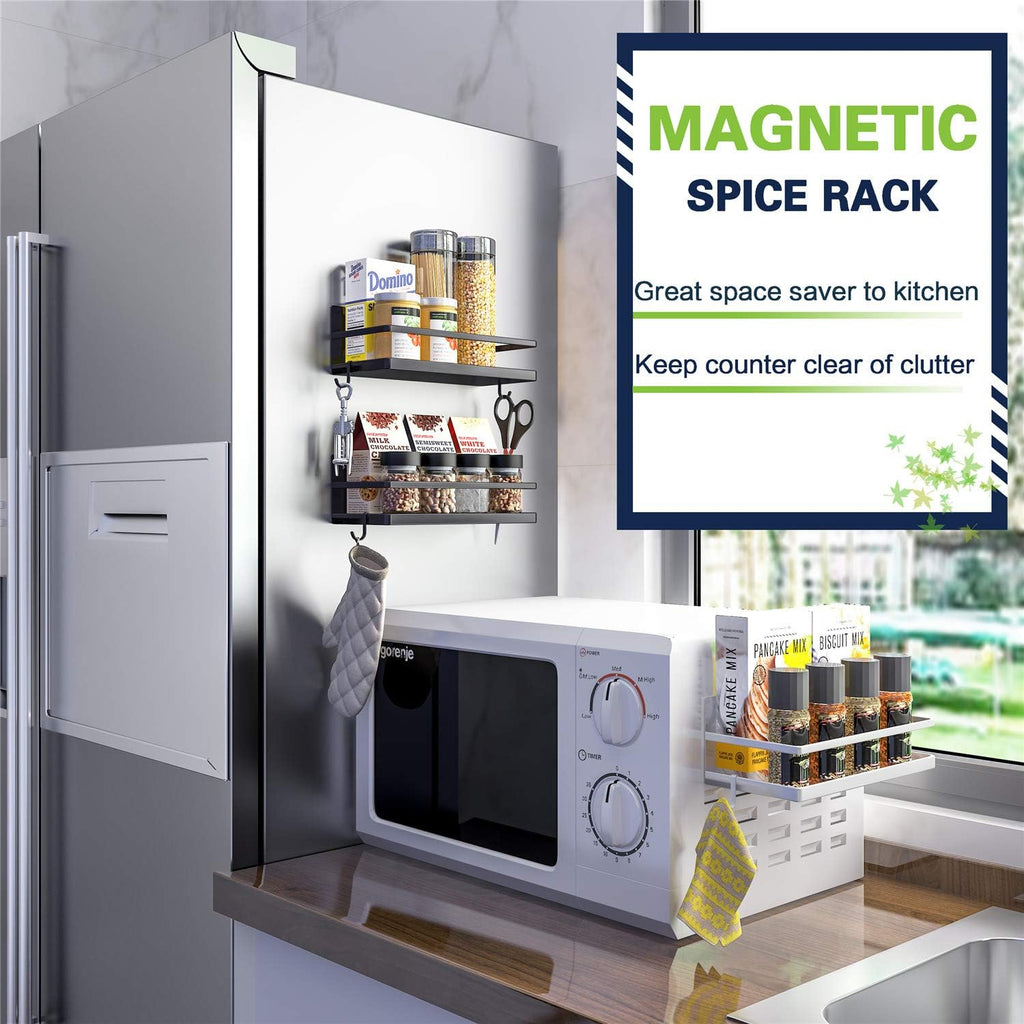 Magnetic Spice Rack, Strong Magnetic Shelf with 2 Removable Hooks, Perfect Space Saver for Small Kitchen/Apartment, Awesome Metal Cabinet for Holding Spices, Jars, Bottle, Beve(Black, 2Pack)