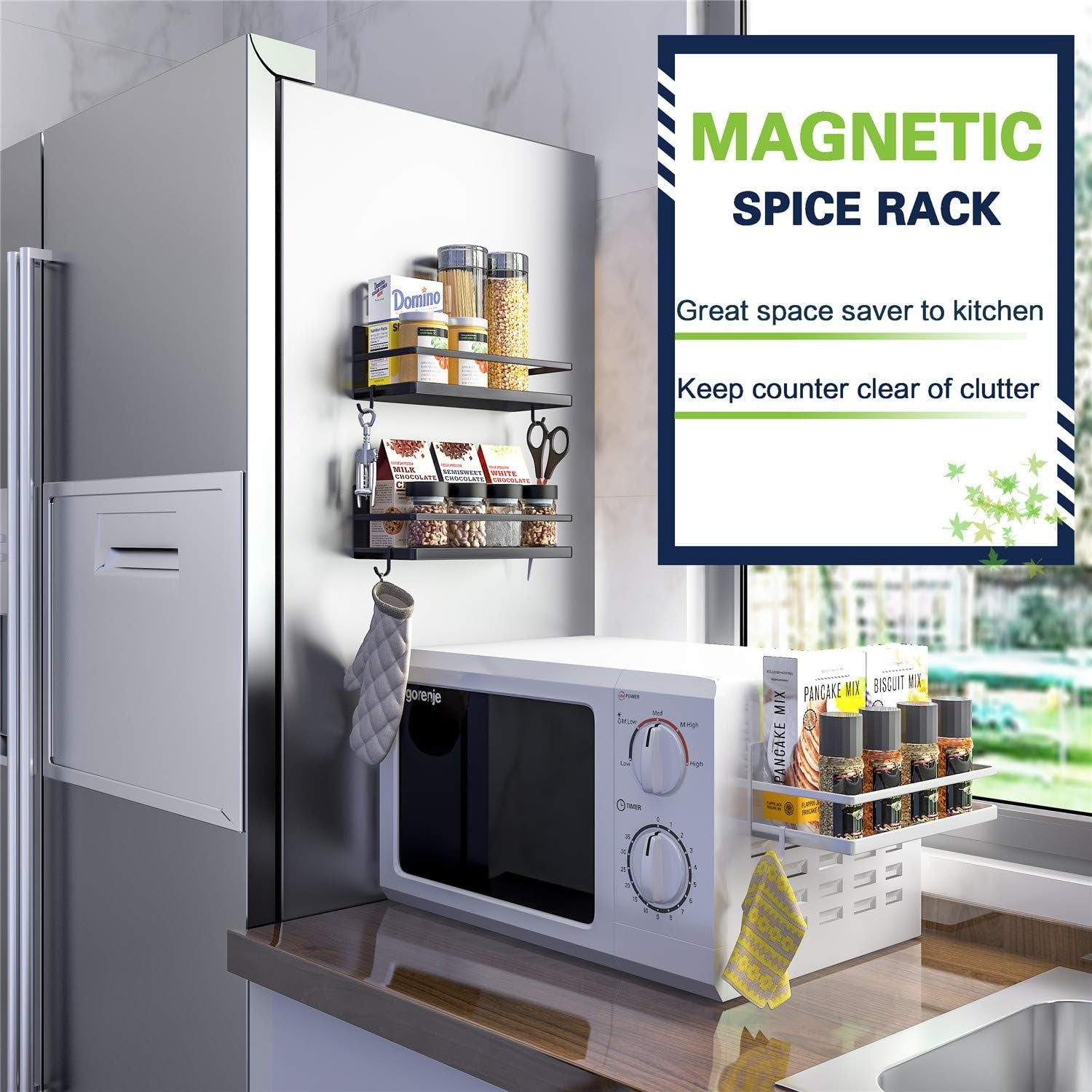 Magnetic Spice Rack, Strong Magnetic Shelf with 2 Removable Hooks, Perfect Space Saver for Small Kitchen/Apartment, Awesome Metal Cabinet for Holding Spices, Jars, Bottle, Beve(Black, 2Pack)