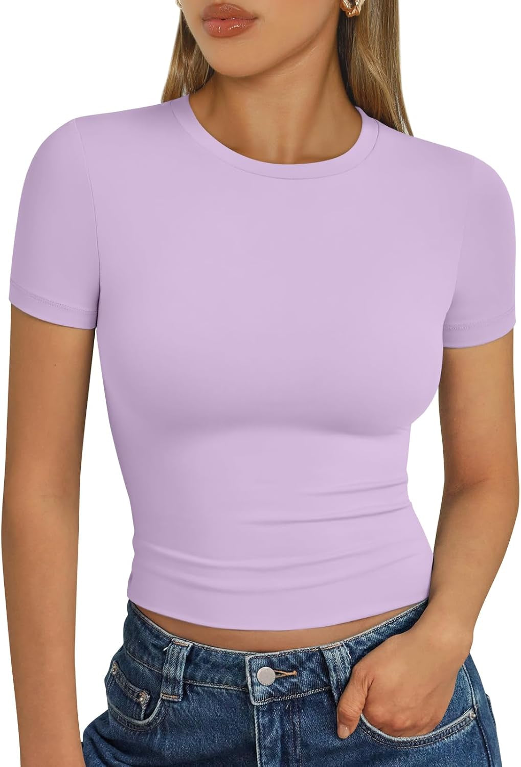 Womens Short Sleeve T Shirts - Buttery Soft Summer Crop Tops Slim Fit Y2K Basic Tees for Workout
