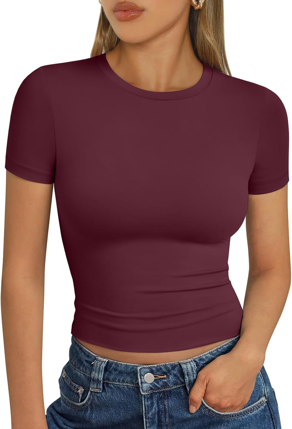 Womens Short Sleeve T Shirts - Buttery Soft Summer Crop Tops Slim Fit Y2K Basic Tees for Workout