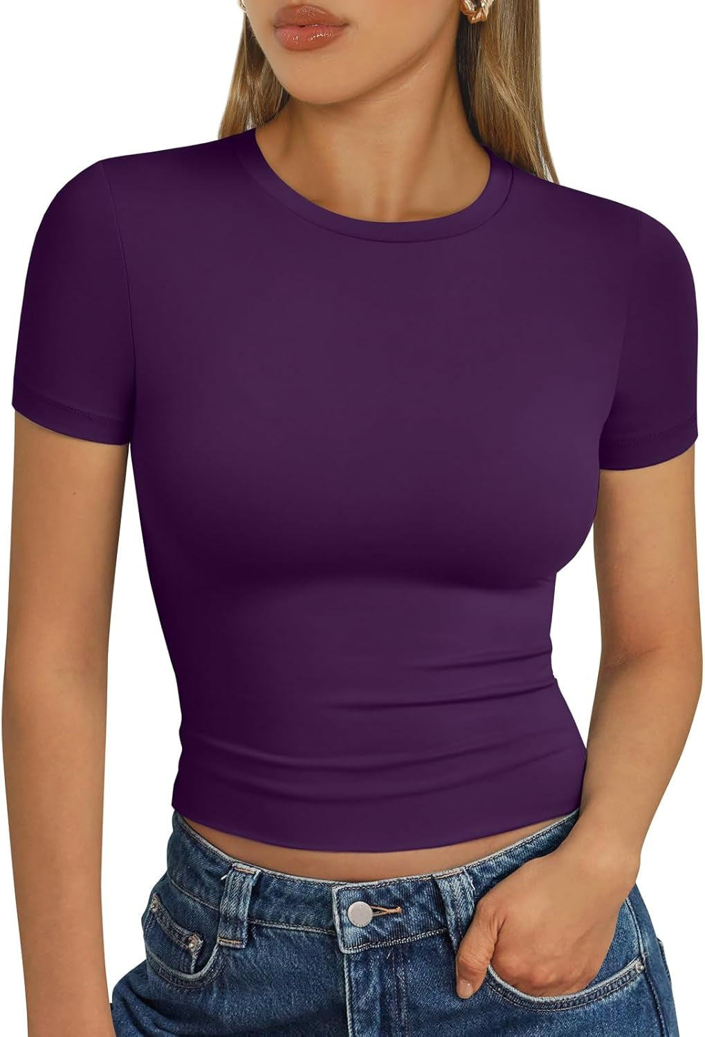 Womens Short Sleeve T Shirts - Buttery Soft Summer Crop Tops Slim Fit Y2K Basic Tees for Workout