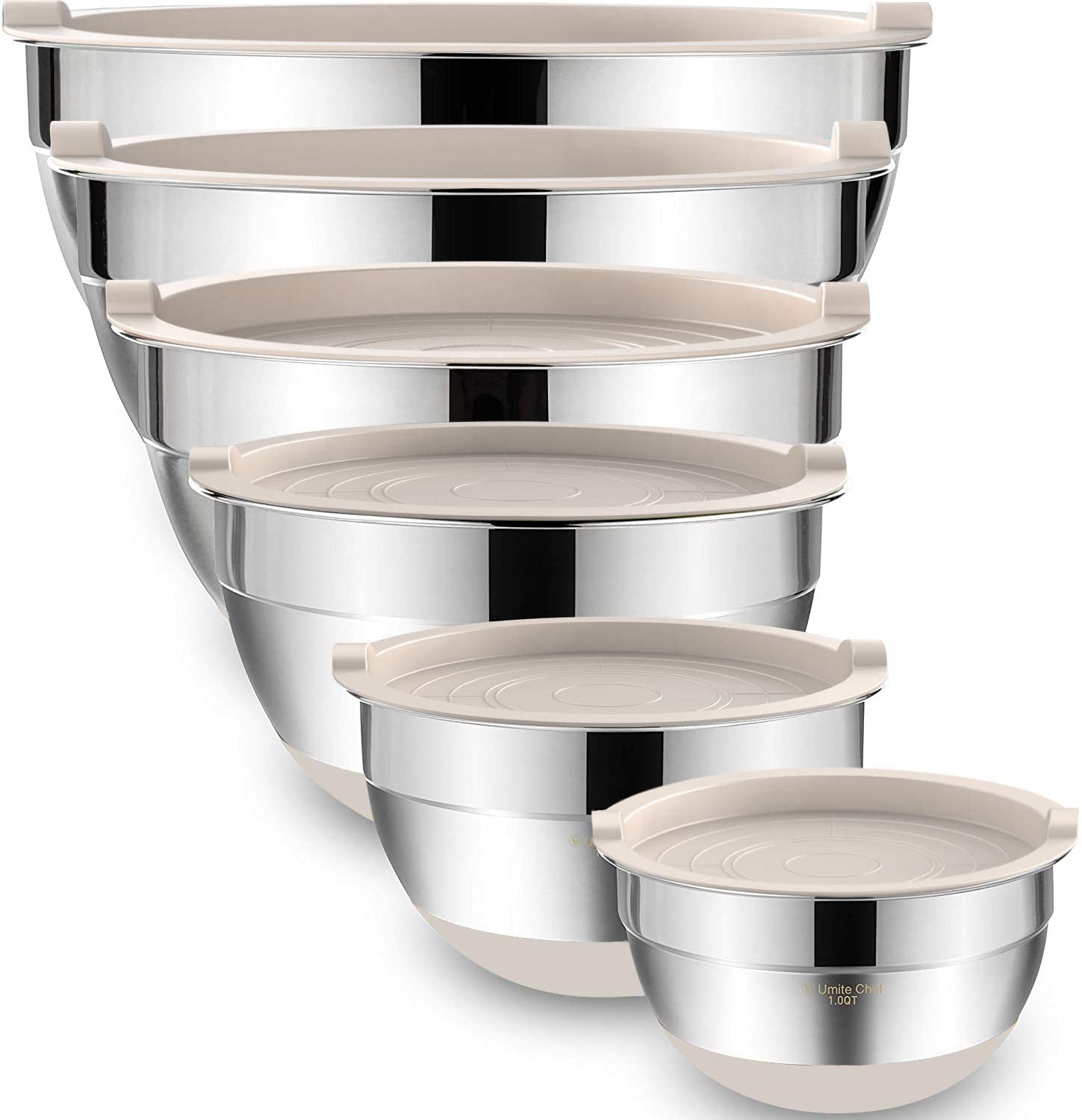 Mixing Bowls with Airtight Lids，6 Piece Stainless Steel Metal Nesting Storage Bowls, Non-Slip Bottoms Size 7, 3.5, 2.5, 2.0,1.5, 1QT, Great for Mixing & Serving(Black)