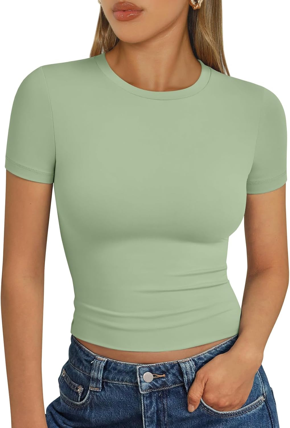 Womens Short Sleeve T Shirts - Buttery Soft Summer Crop Tops Slim Fit Y2K Basic Tees for Workout