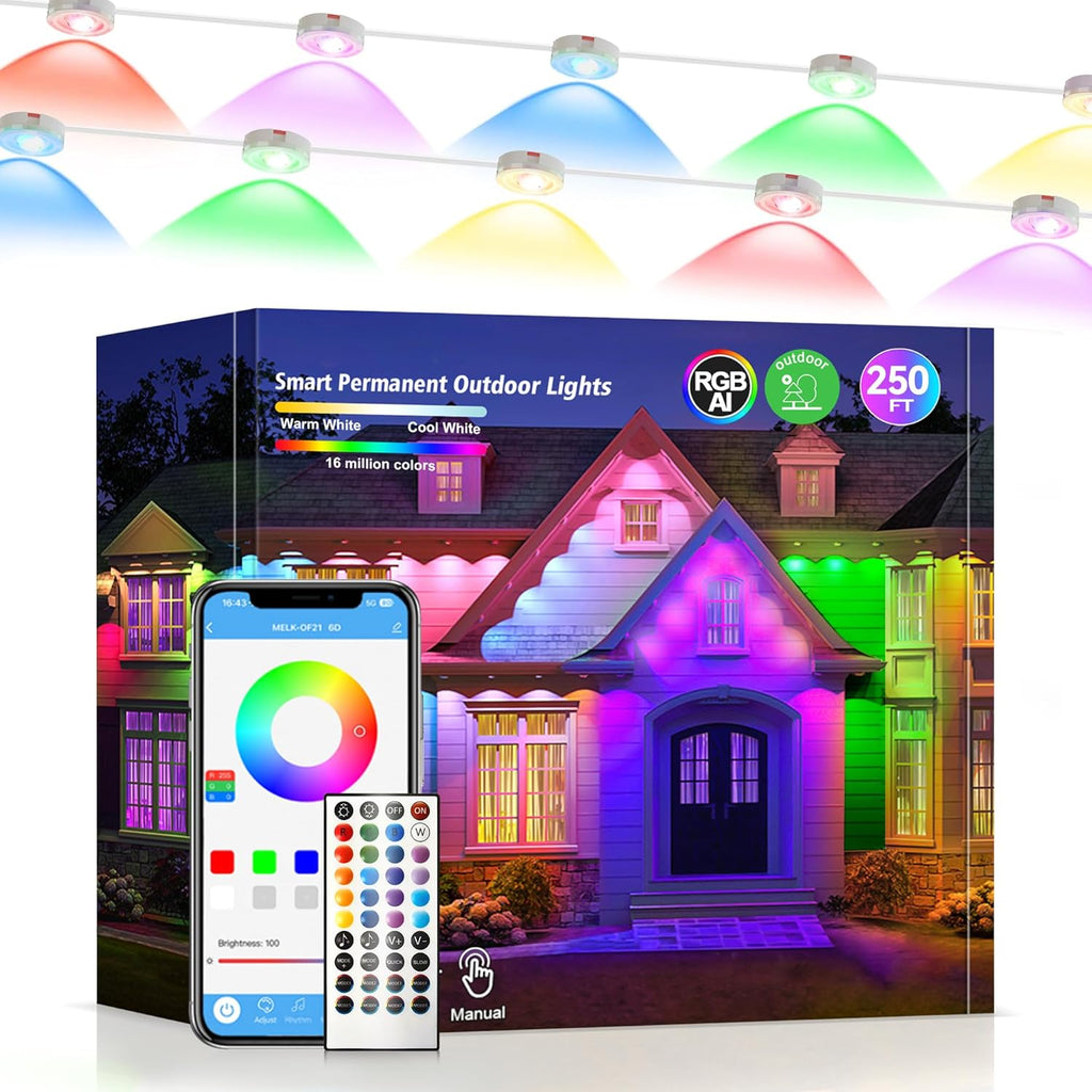 Permanent Outdoor Lights 150Ft RGB+IC Outdoor String Lights App Control IP67 Waterproof,100 Scene Modes Home for Christmas,Halloween,Holiday, Daily,Birthday Decor