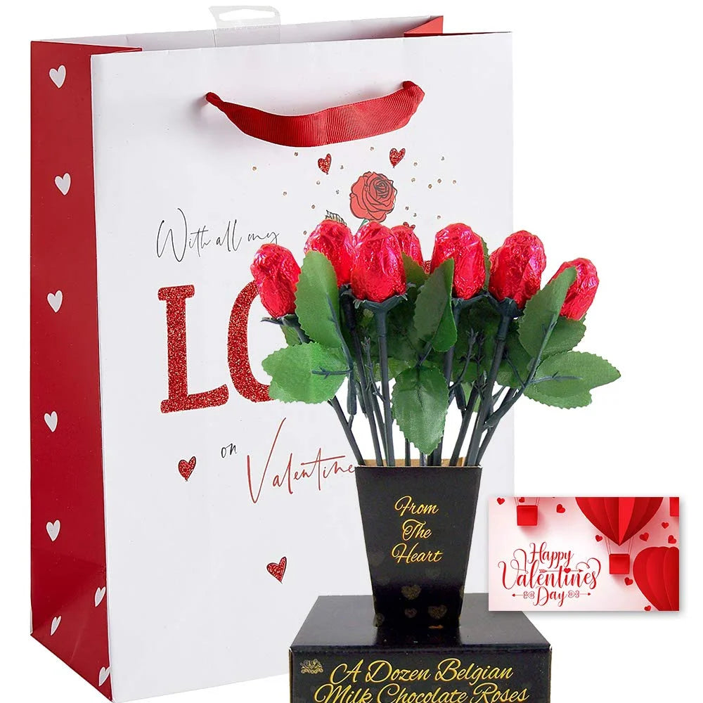 Valentine Gift Basket with Teddy Bear, Chocolate Rose Bouquet, Gift Bag & Card – Christmas or Valentine’S Day Gift for Her, Wife, Girlfriend, Mom, Daughter