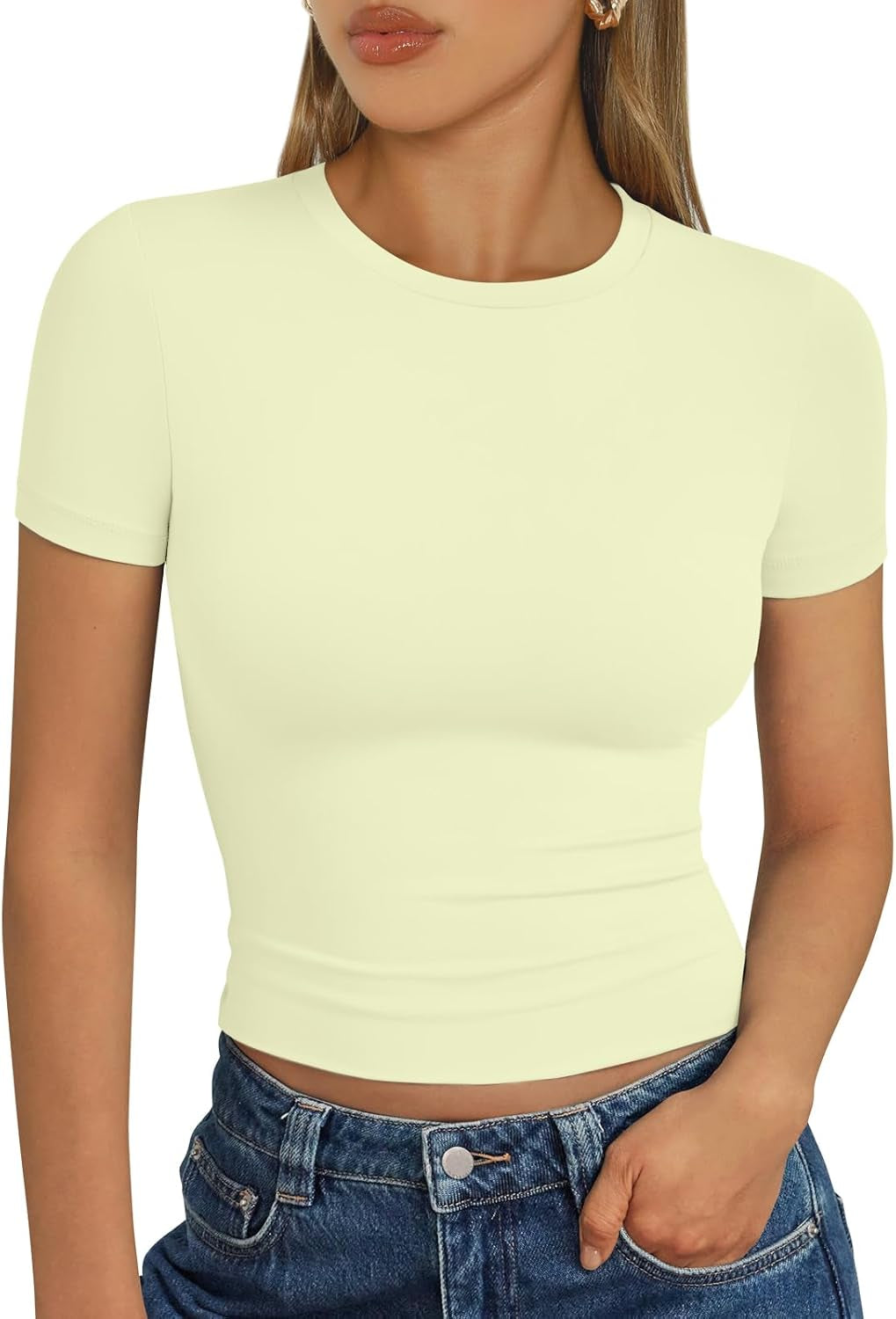 Womens Short Sleeve T Shirts - Buttery Soft Summer Crop Tops Slim Fit Y2K Basic Tees for Workout