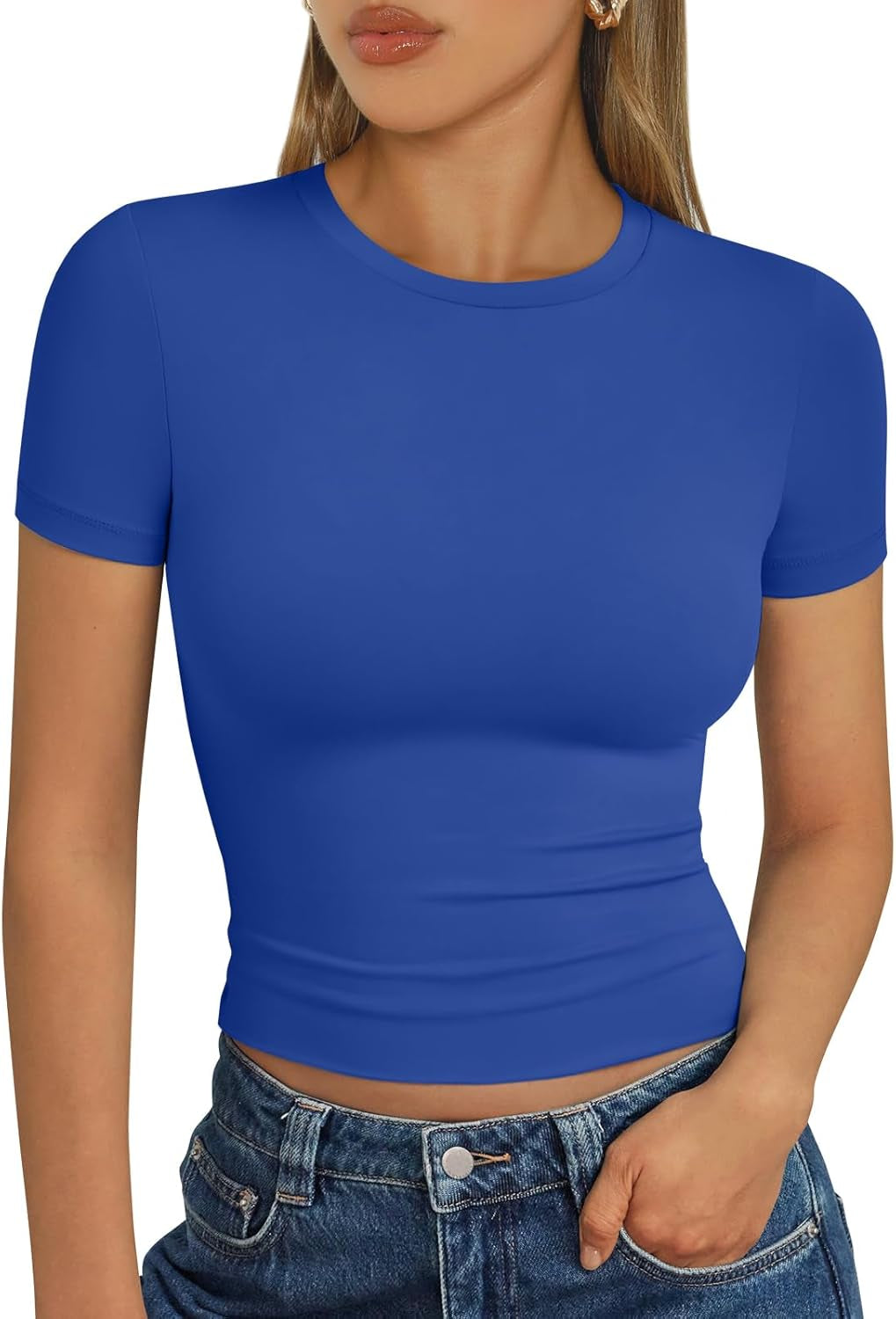 Womens Short Sleeve T Shirts - Buttery Soft Summer Crop Tops Slim Fit Y2K Basic Tees for Workout