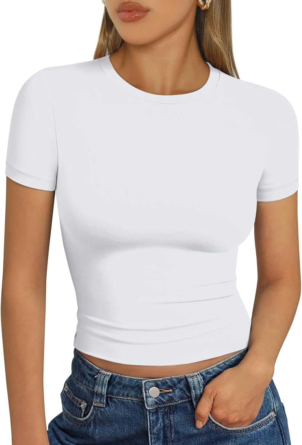 Womens Short Sleeve T Shirts - Buttery Soft Summer Crop Tops Slim Fit Y2K Basic Tees for Workout