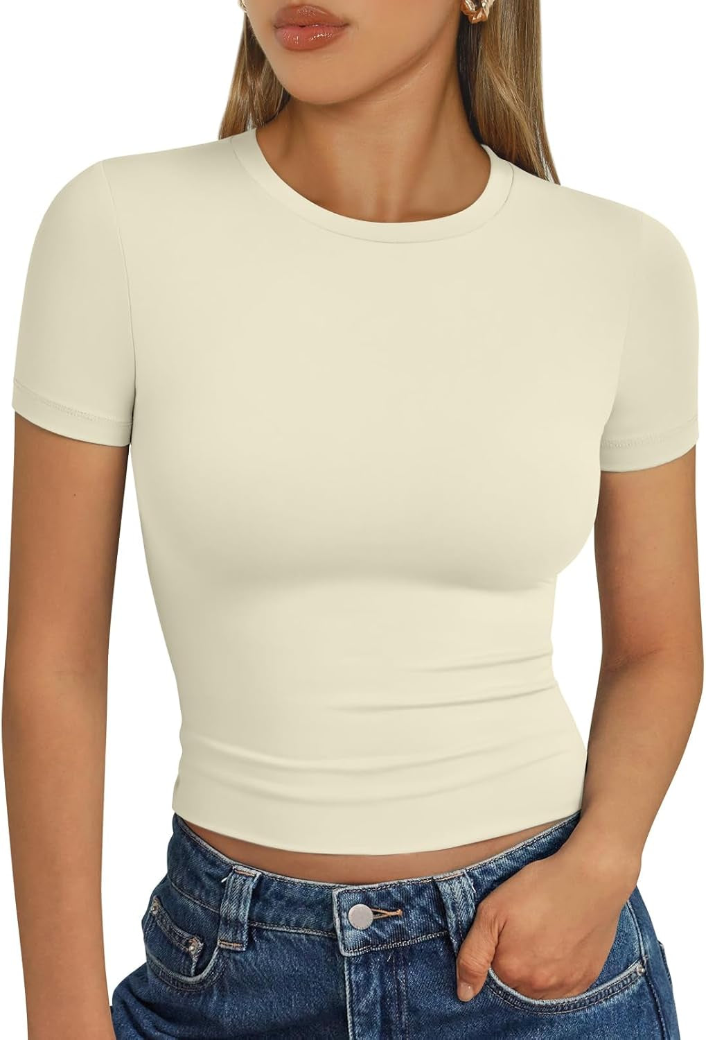 Womens Short Sleeve T Shirts - Buttery Soft Summer Crop Tops Slim Fit Y2K Basic Tees for Workout