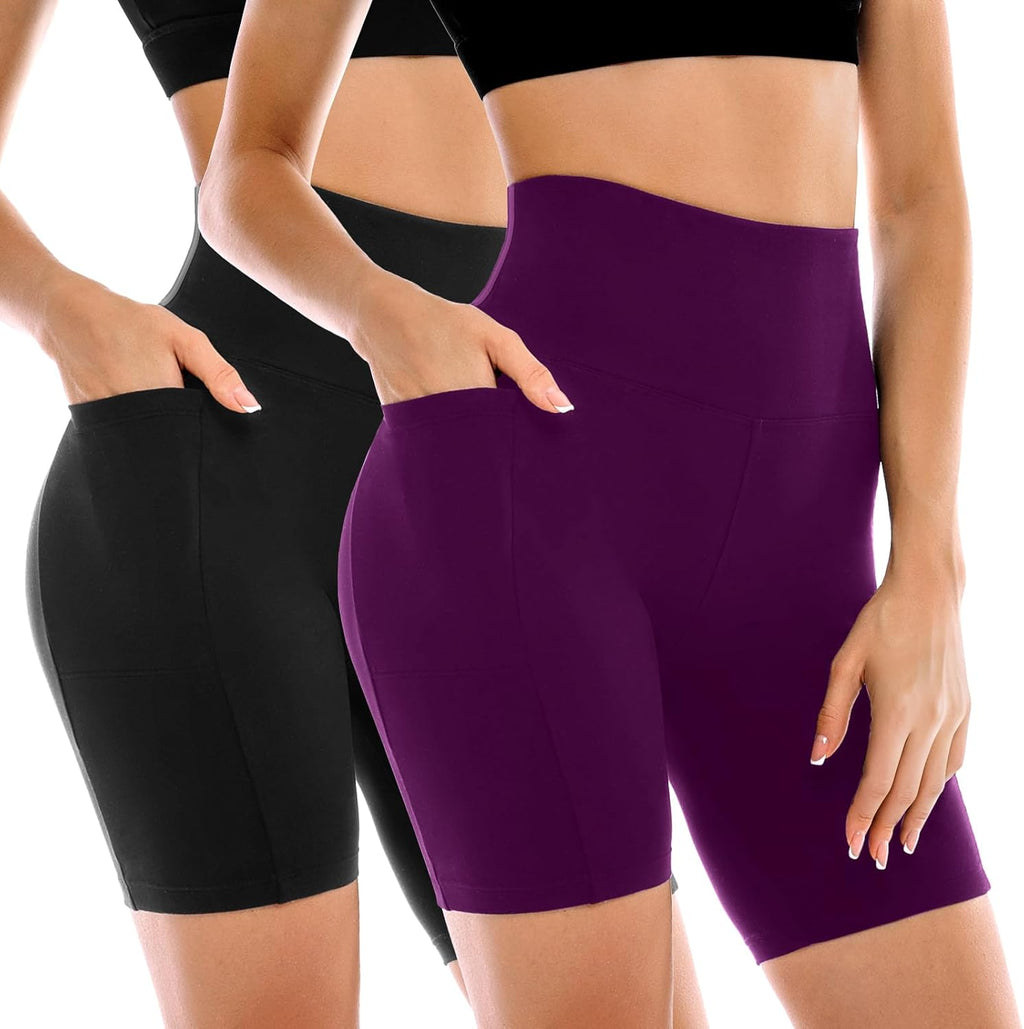 2 Pack Womens Biker Shorts with Pockets, High Waisted Yoga Shorts for Women Running Gym and Workout