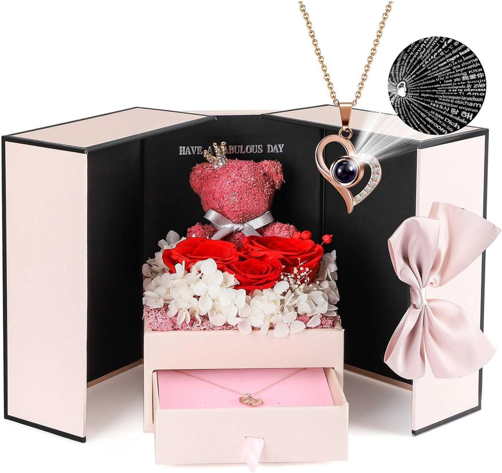 Preserved Real Red Rose with Sterling Silver Necklace Gift Set - Romantic Valentines Day Gifts for Wife, Girlfriend - Eternal Flowers Gifts for Anniversary, Birthday