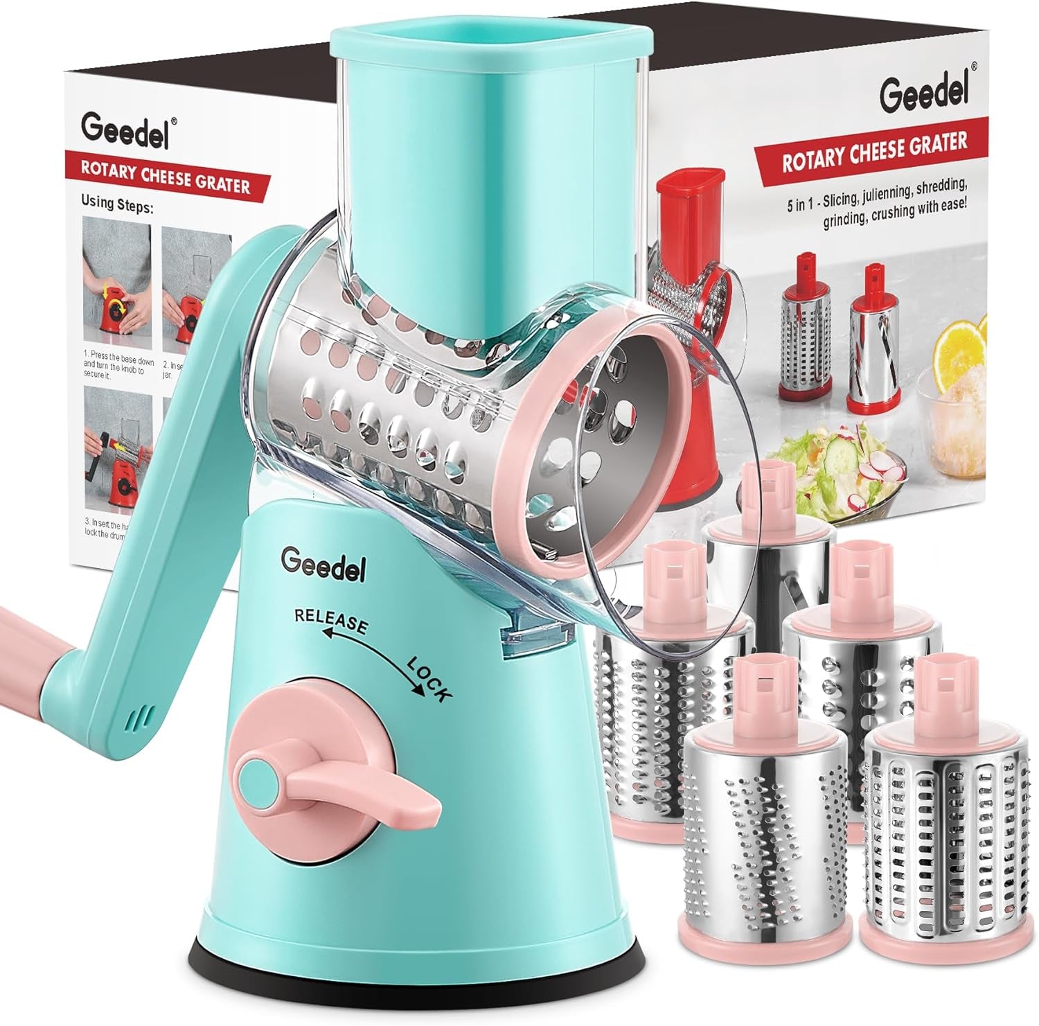 Rotary Cheese Grater, Kitchen Mandoline Vegetable Slicer with 3 Interchangeable Blades, Easy to Clean Rotary Grater Slicer for Fruit, Vegetables, Nuts