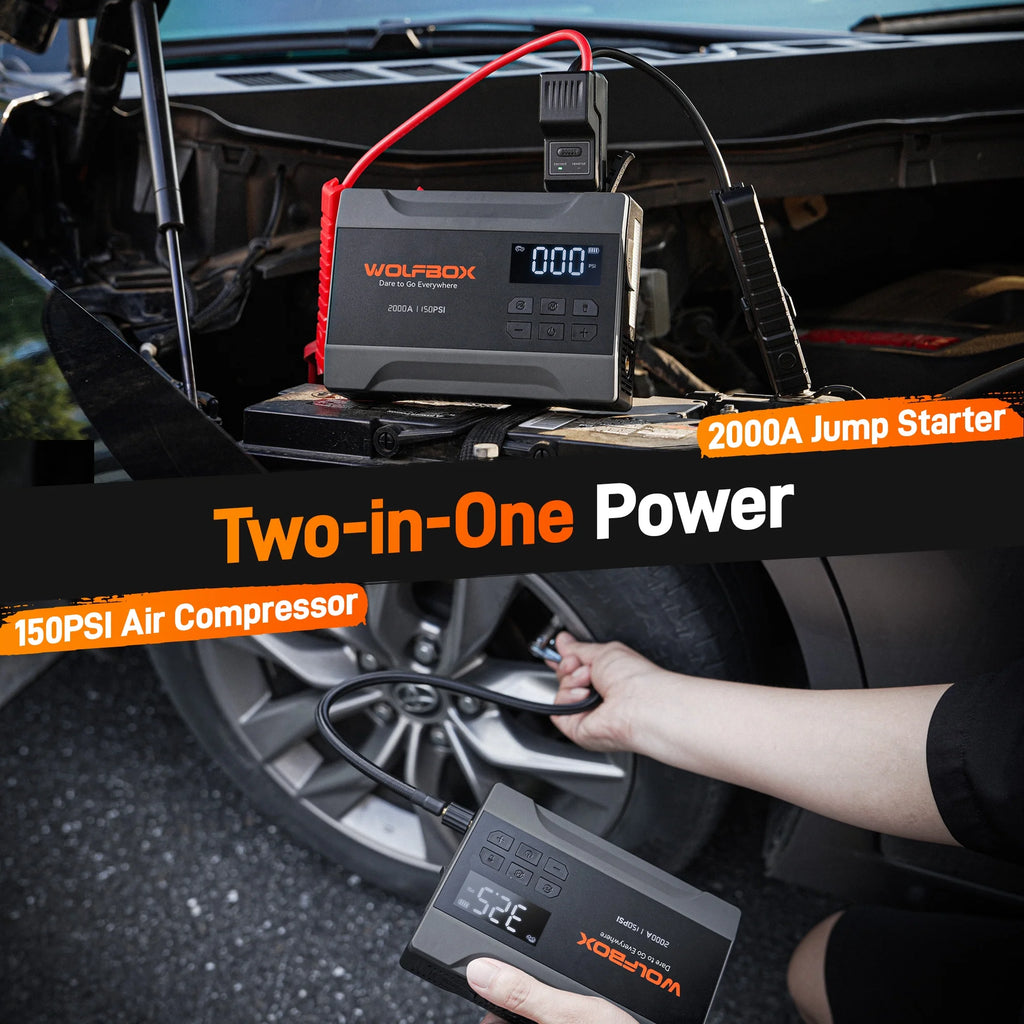 Car Jump Starter with Air Compressor, 2000A 150PSI Portable Car Battery Jump Box(5.0L Gas) with Digital Tire Inflator, 12V