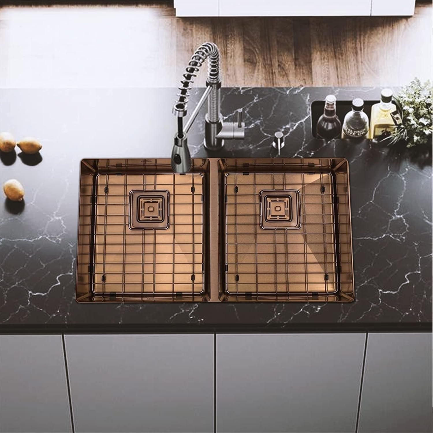 32 Inch Undermount Kitchen Sink - 16 Guage 50/50 Double Bowl Kitchen Sink - Stain & Rust Resistant Copper Kitchen Sink with Bottom Grid, 1 Disposal Adapter & 2 Strainer Drains
