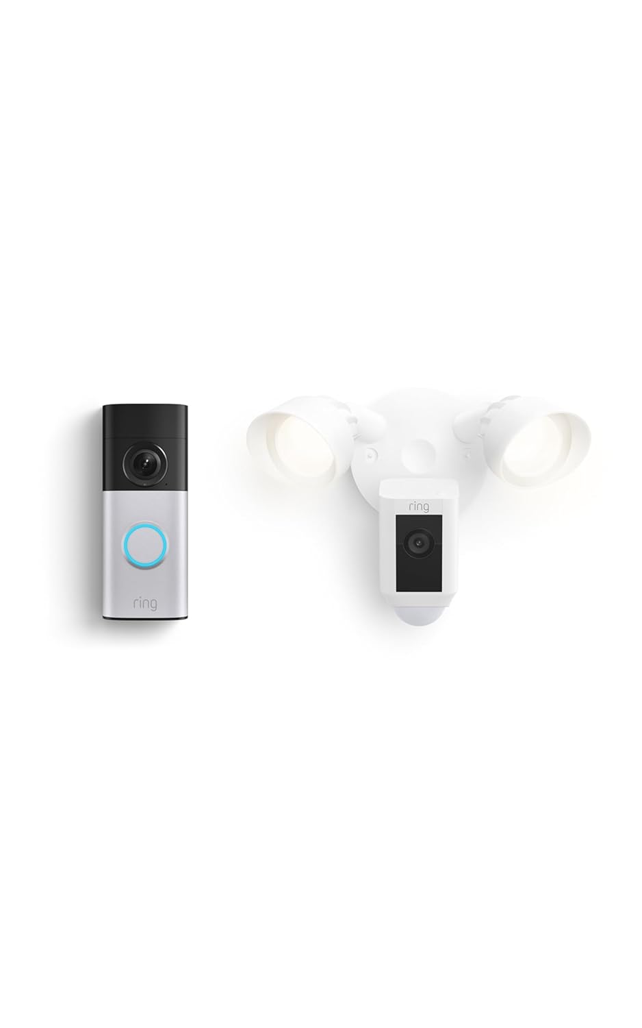 Wired Doorbell plus (Newest Model), Nickel Silver with Floodlight Cam Plus, White