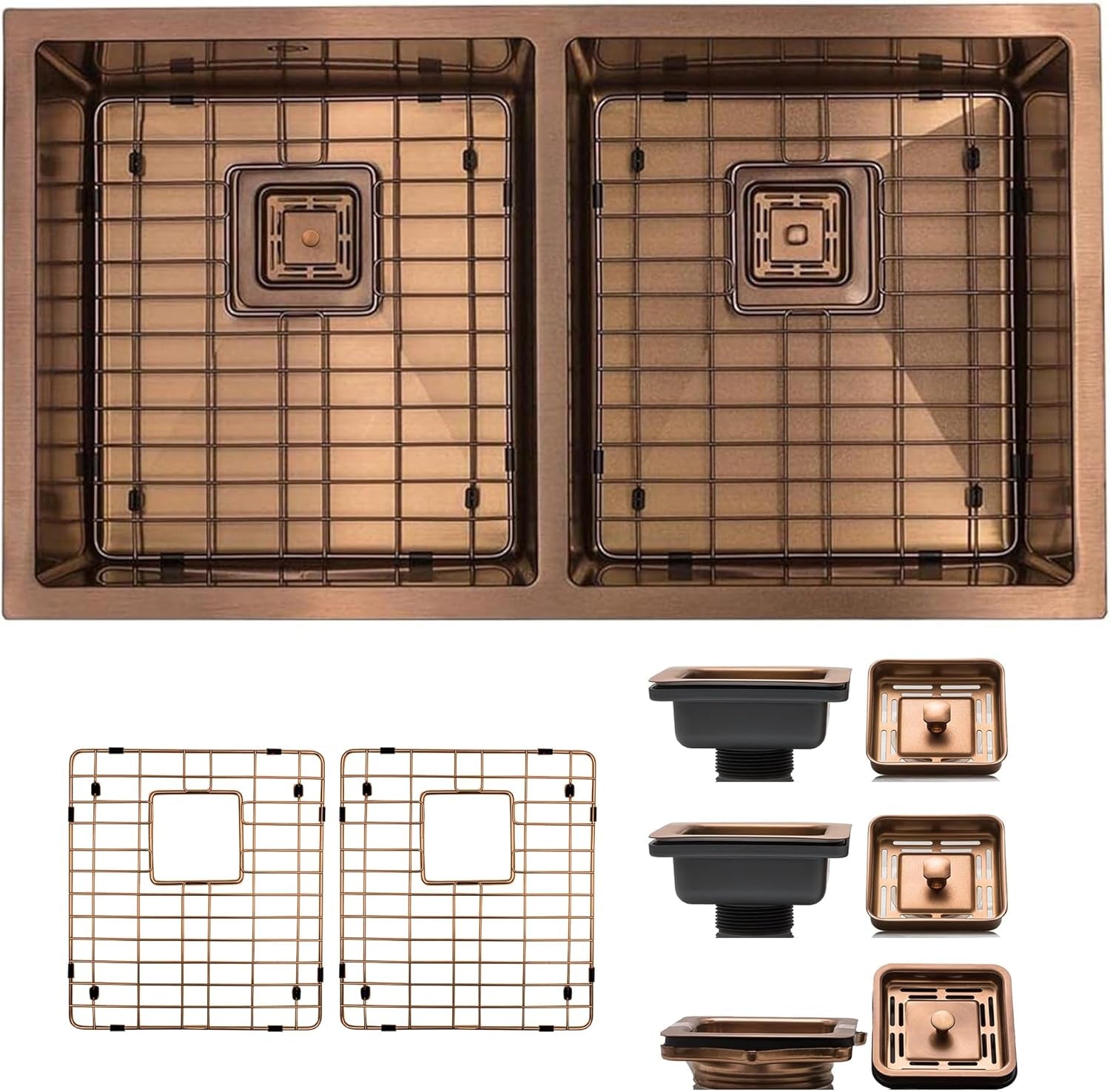 32 Inch Undermount Kitchen Sink - 16 Guage 50/50 Double Bowl Kitchen Sink - Stain & Rust Resistant Copper Kitchen Sink with Bottom Grid, 1 Disposal Adapter & 2 Strainer Drains